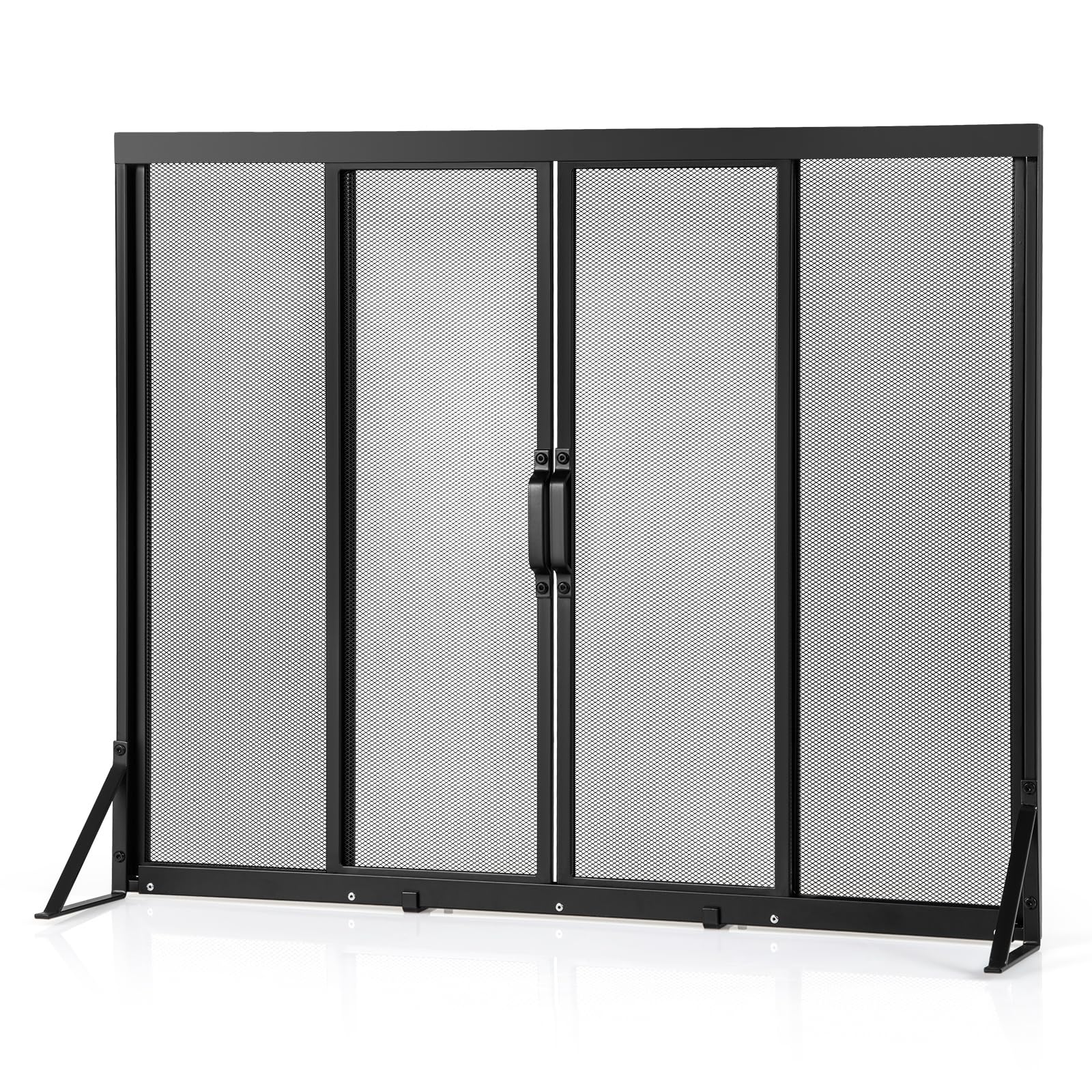 Klassiek gebogen haardscherm met deuren, vrijstaand vonkenscherm, massief smeedijzeren frame met metalen veiligheidsgaas, scrollontwerp Present