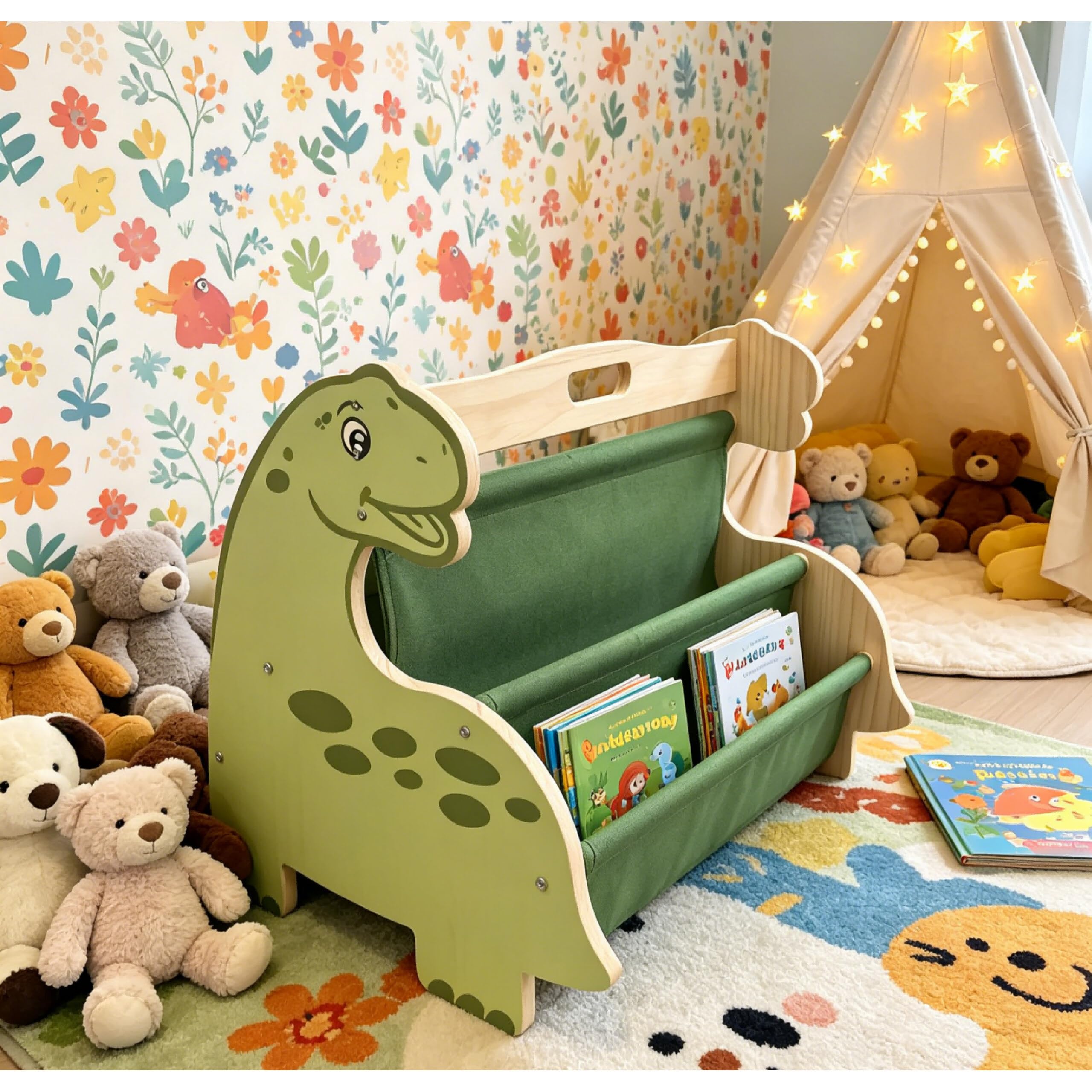 Relaxdays étagère à Livres Enfant, Bois, 4 bacs en Tissu, Vert/Naturel