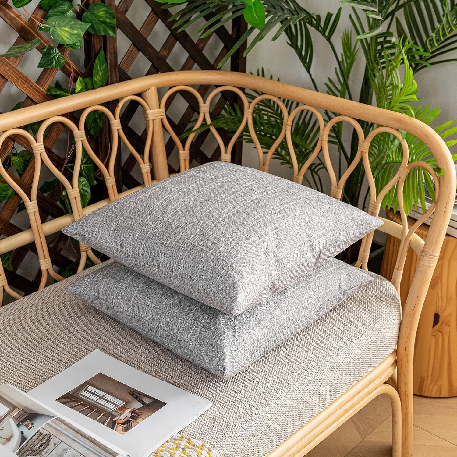 Kevin Textile Pack of 2 Outdoor Waterproof Pillow Covers Throw Pillow Covers Decorative Pillowcases Checkered Weaving Linen Pillow Cases for Sofa Couch Patio Garden 24x24 Inch Grey