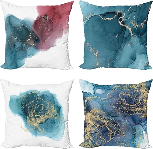 Ambesonne Paquete de 4 fundas de cojín con estampado de mármol, estilo moderno, manchas y manchas nebulosas con efecto sombrío, aspecto de acuarela,