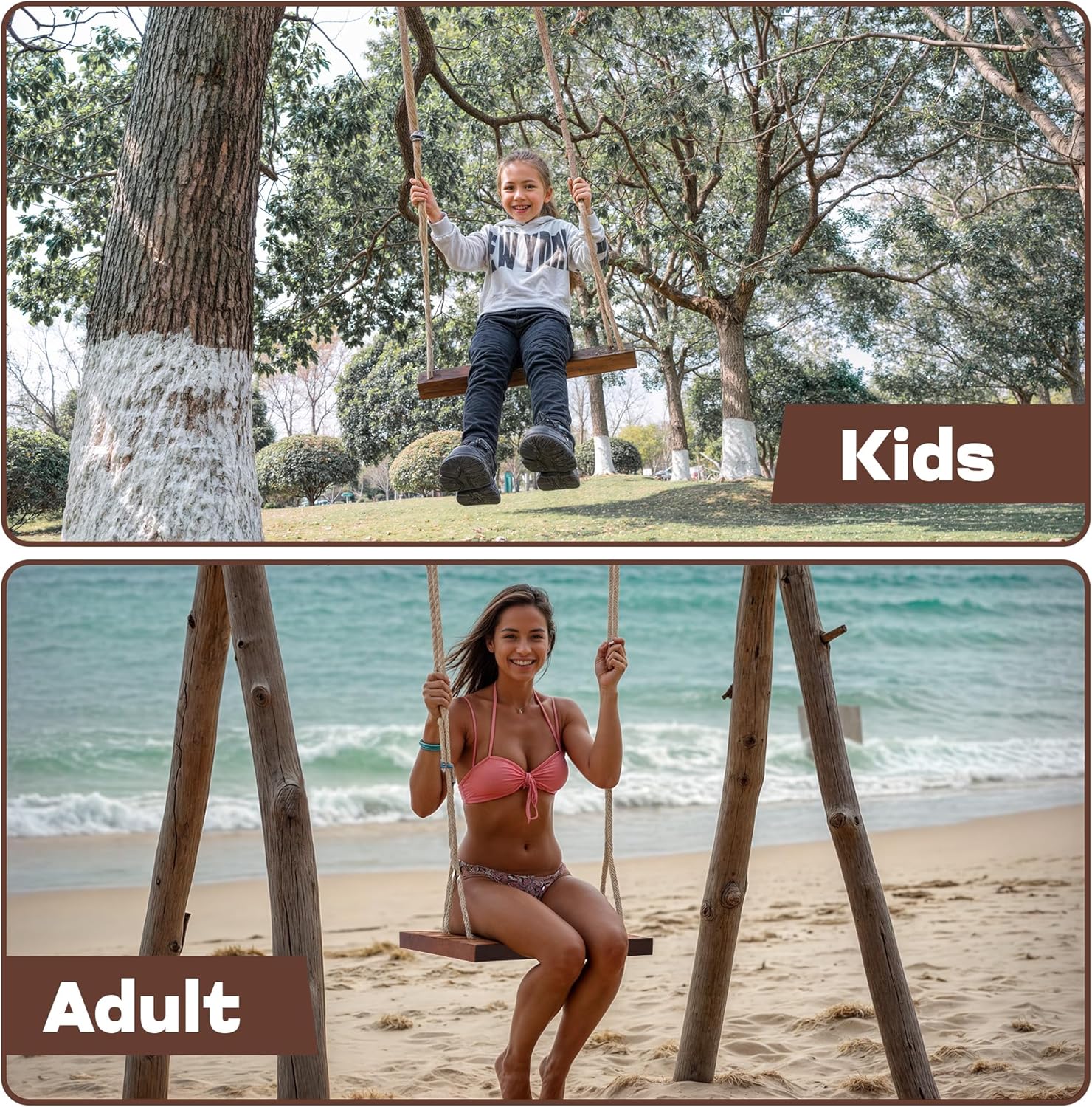 Outdoor Wood Hanging Seat, 22" x 8" x 2" Cedar Wooden Tree Swing for Adults & Kids, 440+ lb Capacity, Adjustable 5-7 ft Rope, Classic Heavy Duty Tree Swing for Backyard & Porch