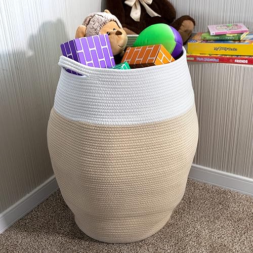 Miniatura 6 de Home-Complete - Cesta de lavandería curvada de cuerda de algodón con asas para sala de estar, dormitorio, baño, guardería y almacenamiento de