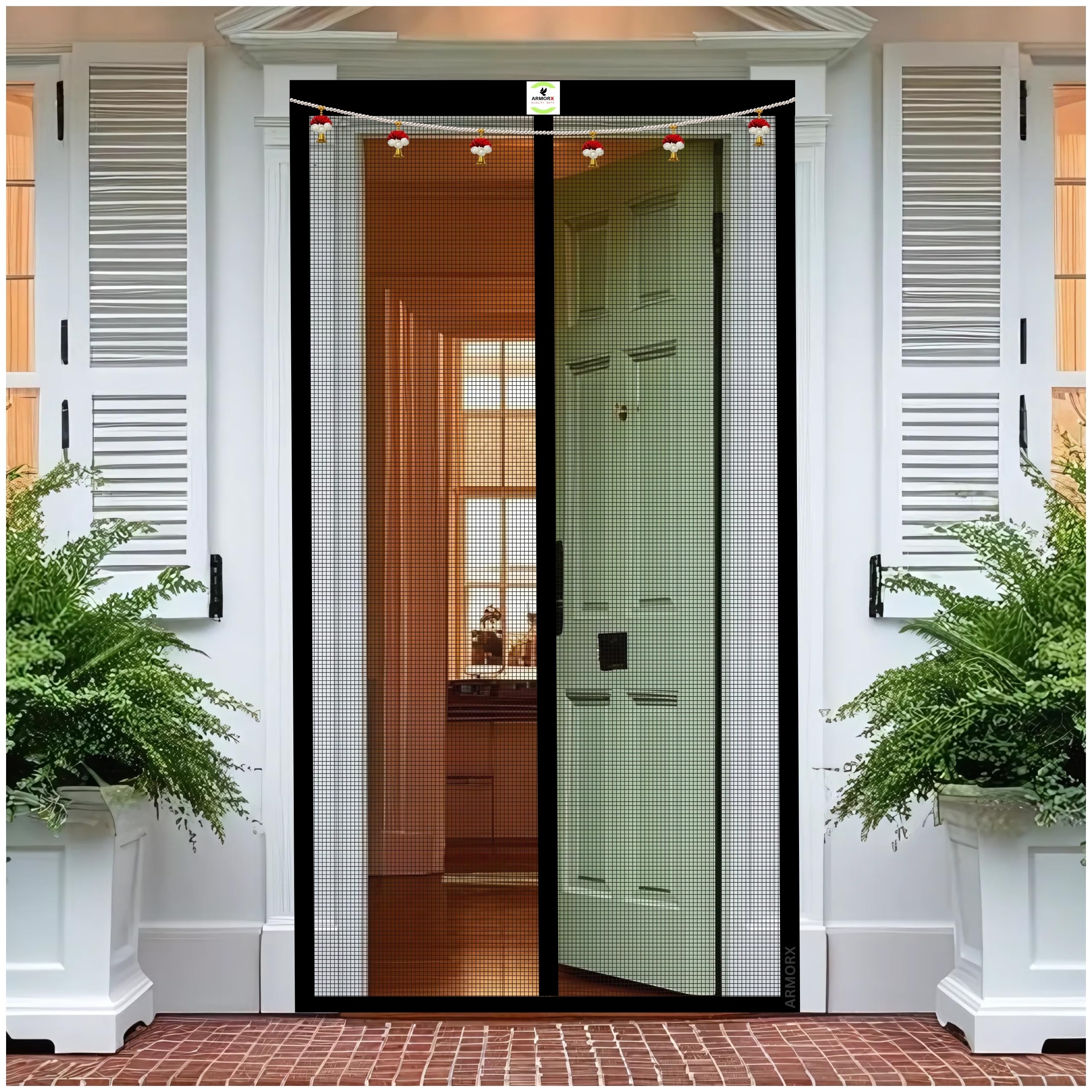 ARMORX Premium Collection Magnetic Mosquito Net for Doors | Self Closing Magnets & Stay-Open Buckle Feature | Incl. Toran for Classy Look & Décor | Royal Black -210cm x 100cm