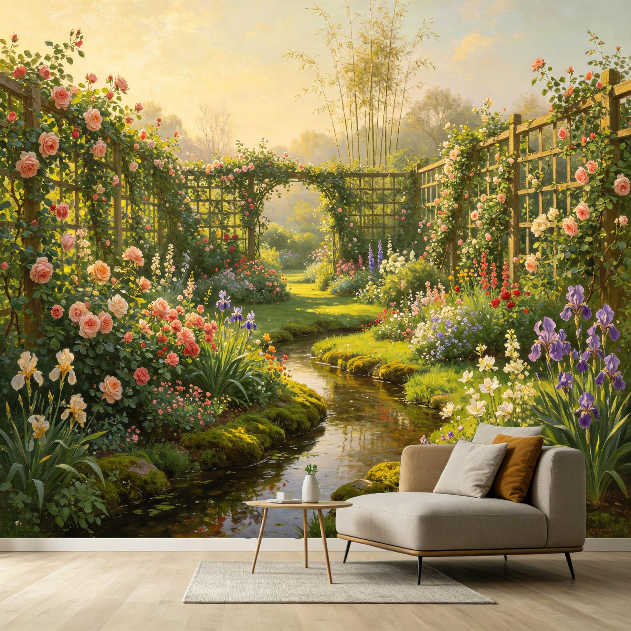 Custom Size Wall Murals Botanical Garden Stream Flowers Oil Painting Farmhouse SelfAdhesive Wall Fabric Removable Large Wallpaper for Photo Living Room Interior Decor