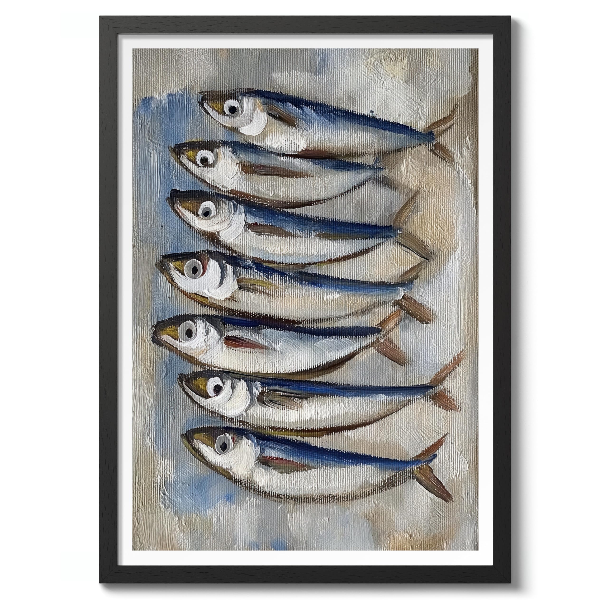 Sardines Nautical Exhibition Art Print, Vintage Botanical Prints, Retro Sealife Oceanography Illustration Wall Art Pictures, Nature Bathroom Home Decor, A1 (Black Frame) - 86.9x62.4cm