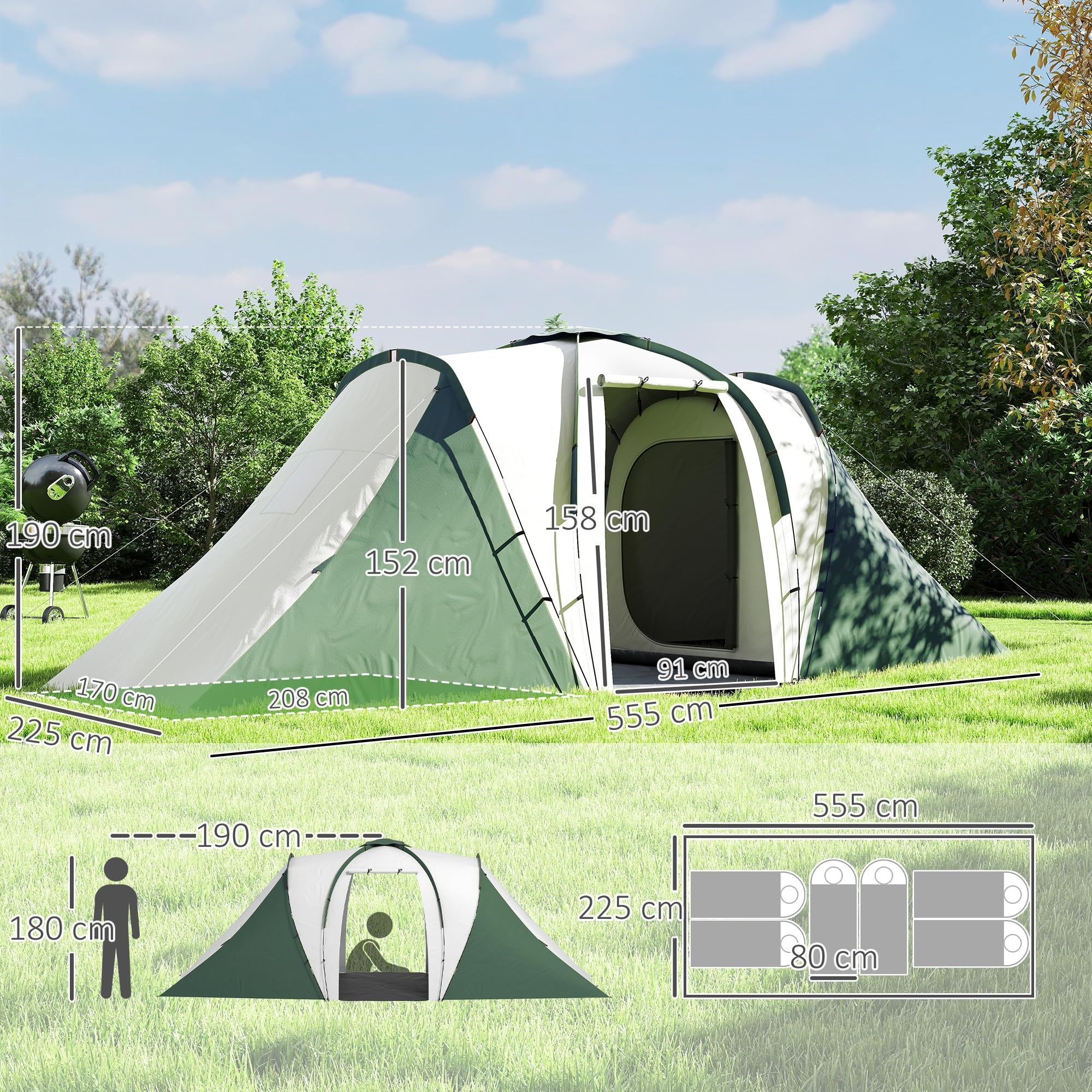 Outsunny Tente Tunnel Tente de Camping familiale 4-6 pers. légère ventilée Facile à Monter - 2 Grandes Portes 5,55 x 2,25 x 1,9 m Fibre Verre Polyester