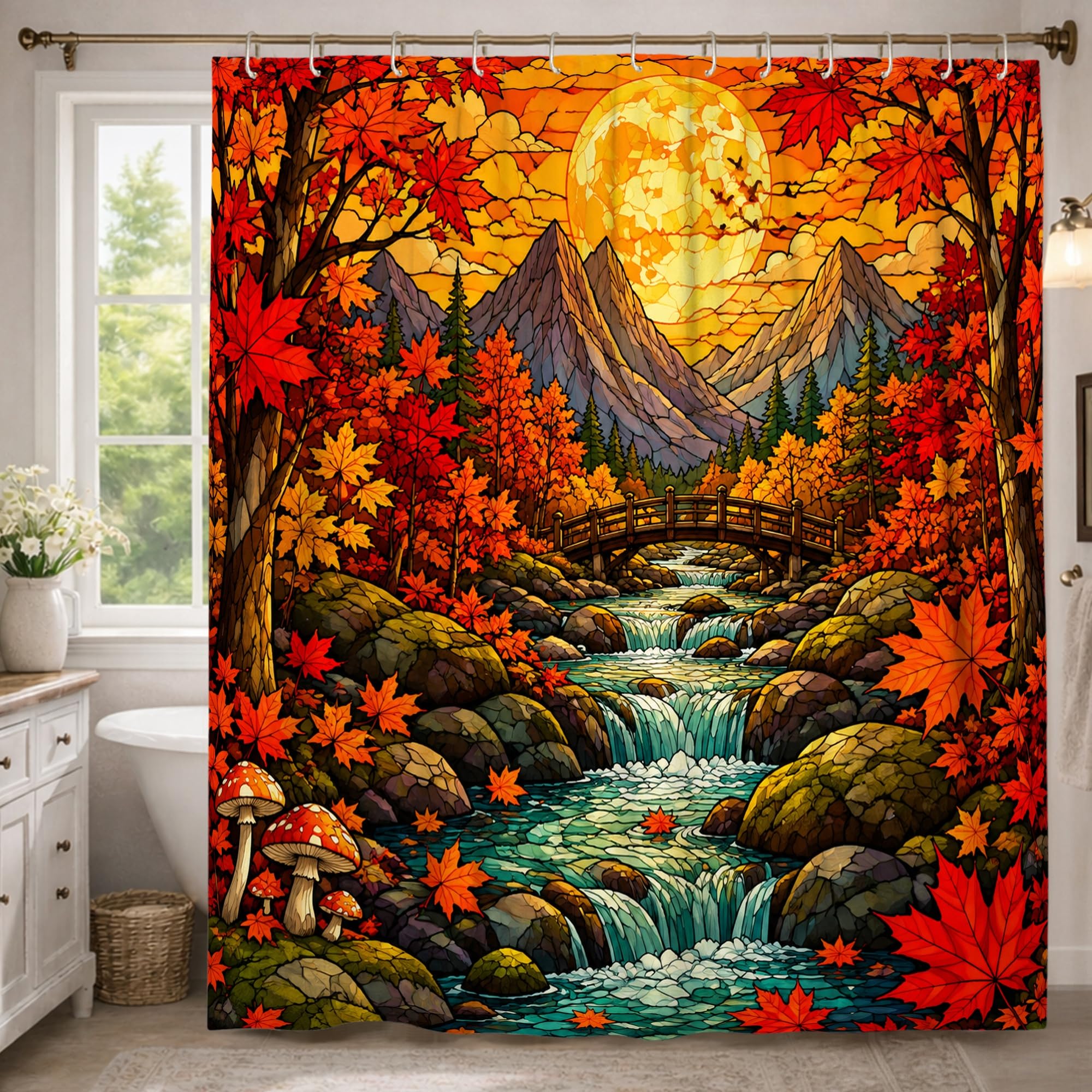 Rideau de douche extra long 183x243 cm en polyester imperméable rouge motif feuilles d'automne