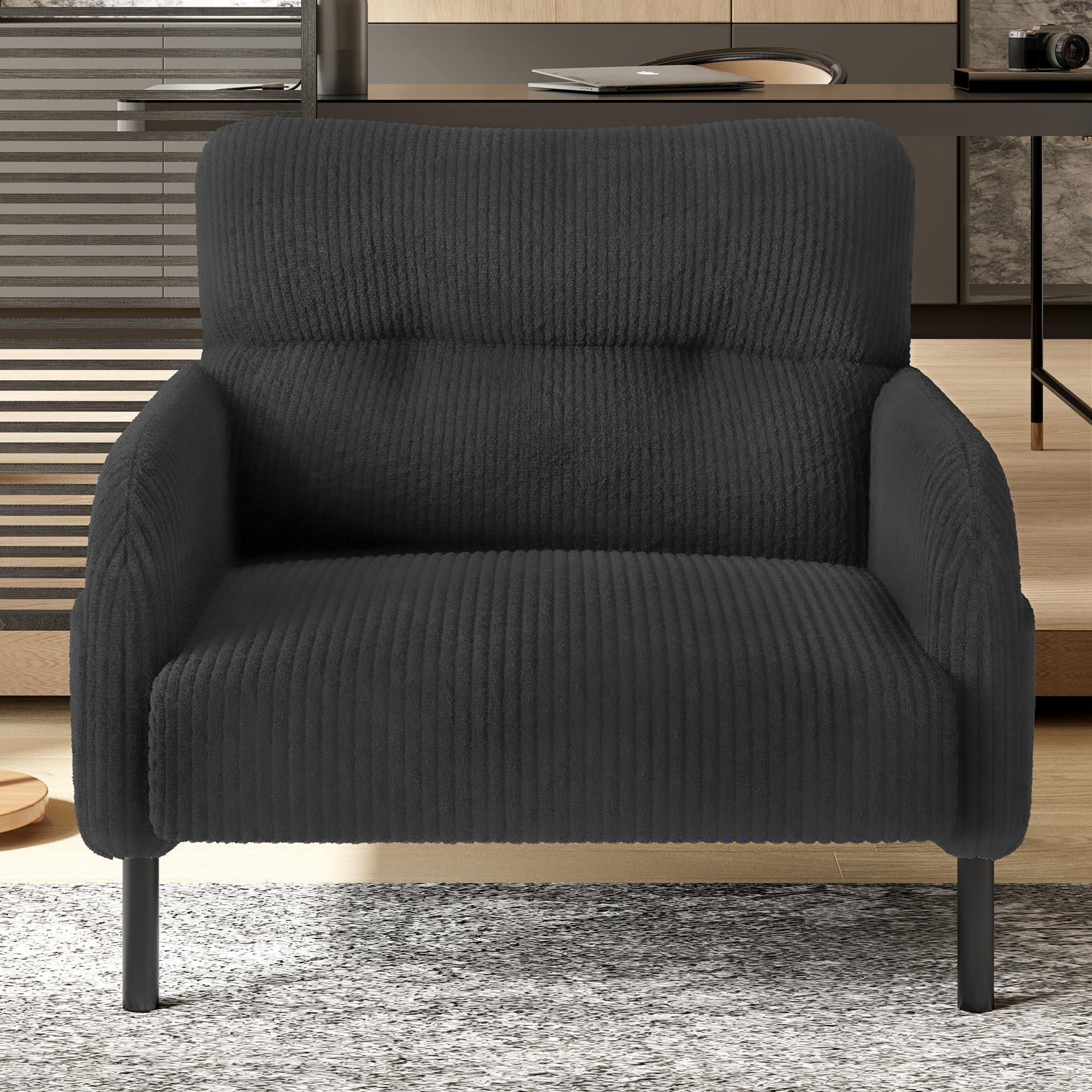 Poltrona moderna per soggiorno, imbottita con tasche laterali, comoda poltrona da lettura con rivestimento in velluto a coste e piedini in metallo, per soggiorno, camera da letto, ufficio