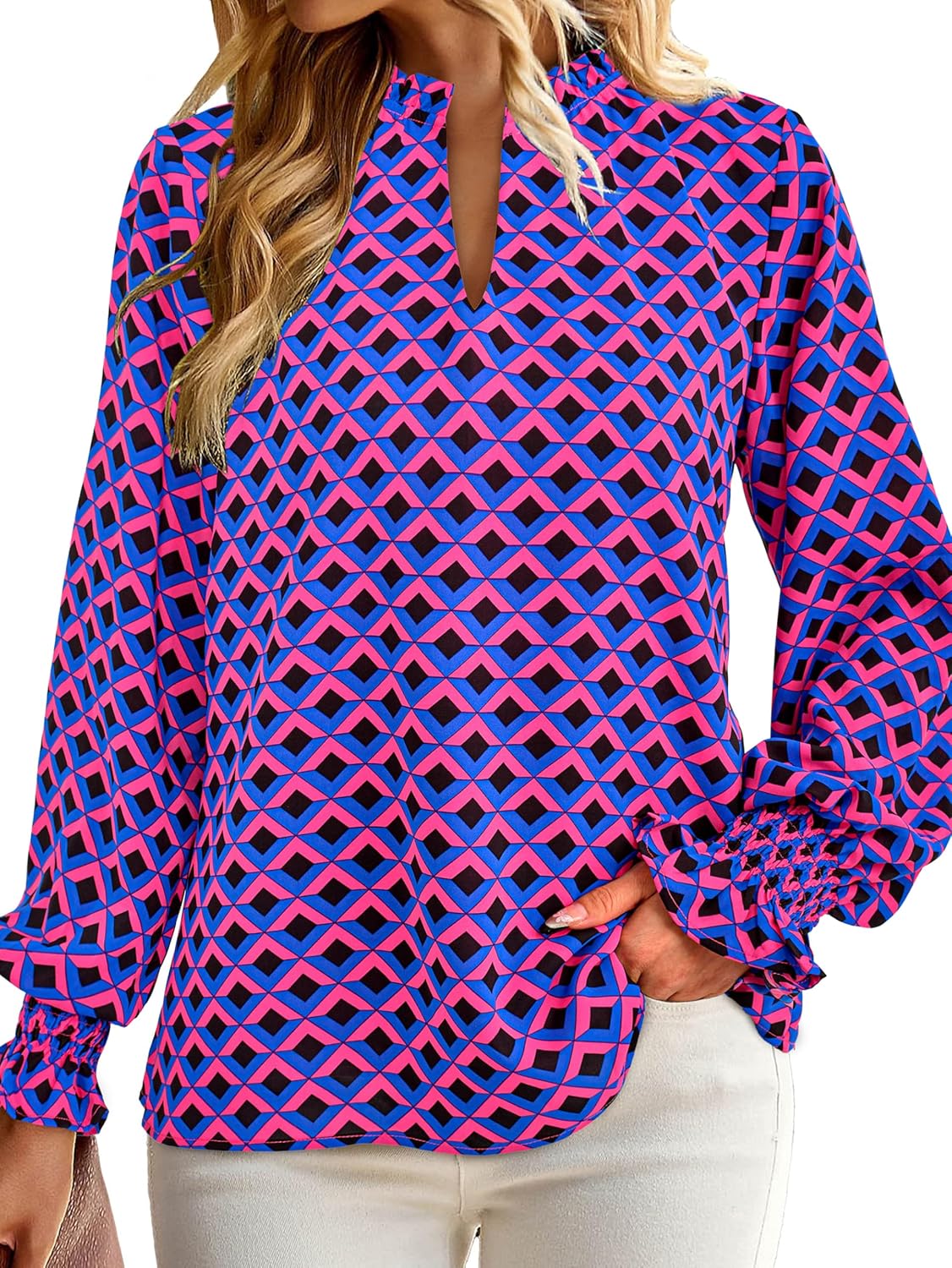 MASCOMODA Womens V Neck Floral Long Sleeve Tops 2026 Summer Casual Loose Puff Sleeve Chiffon Boho Work Blouse Dressy T Shirts - Image 3