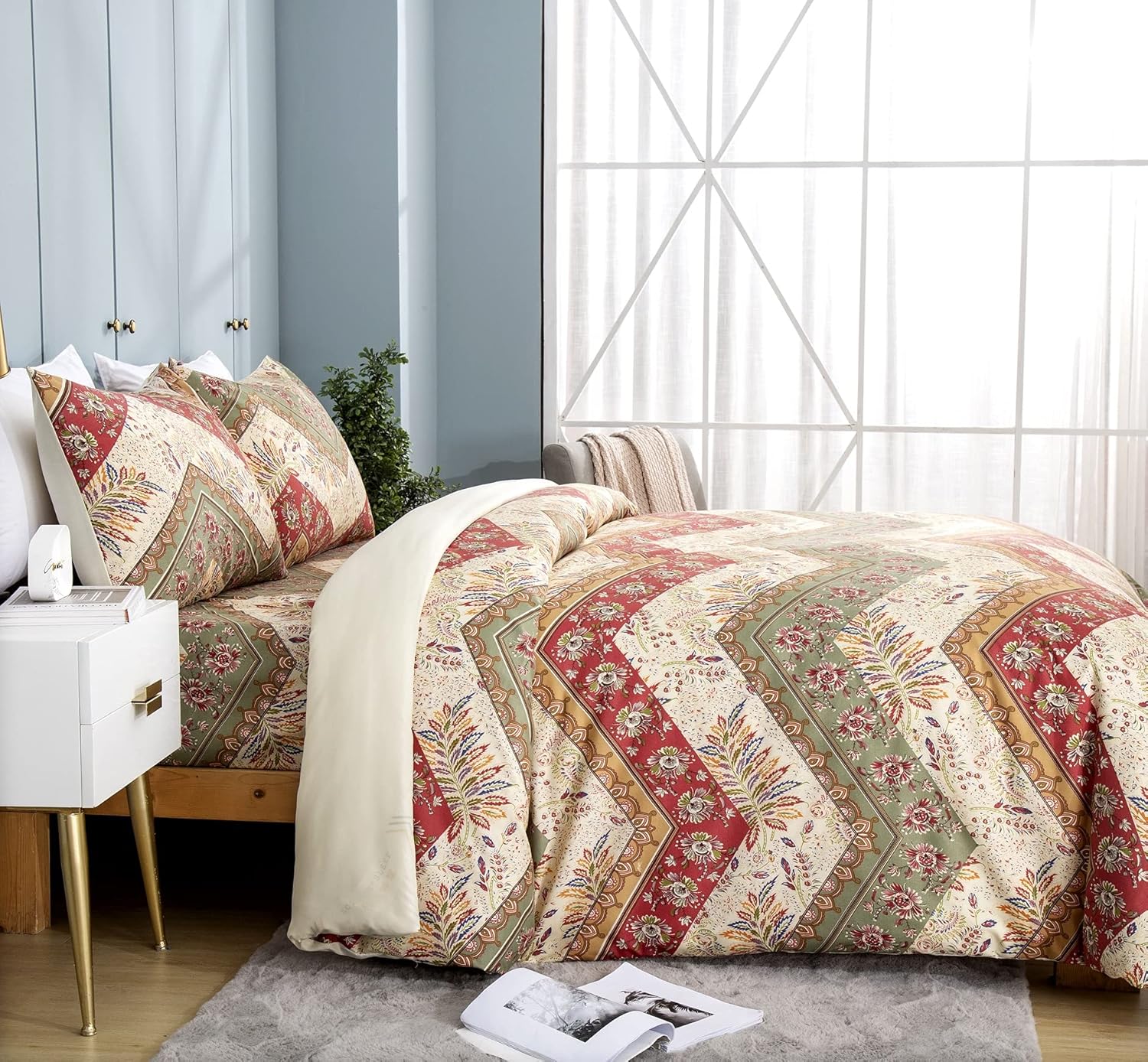 DaDalogy Bedding Botanical Floral Duvet Cover Set w/Pillow Cases - Bohemian Chevron Paisley Filigree Cranberry Red Sage Green Rainbow - Colorful Comforter Cover w/Corner Ties Zipper - Twin - 2-Pieces