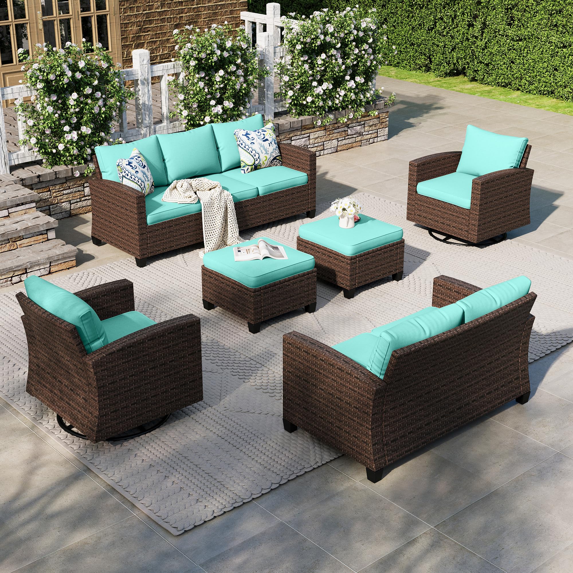 HERA'S HOUSE Patio Conversation Sets with Swivel Glide Chairs, Outdoor Wicker Furniture Outside Sofa Sets with 4" Thick Cushions for Backyard Deck