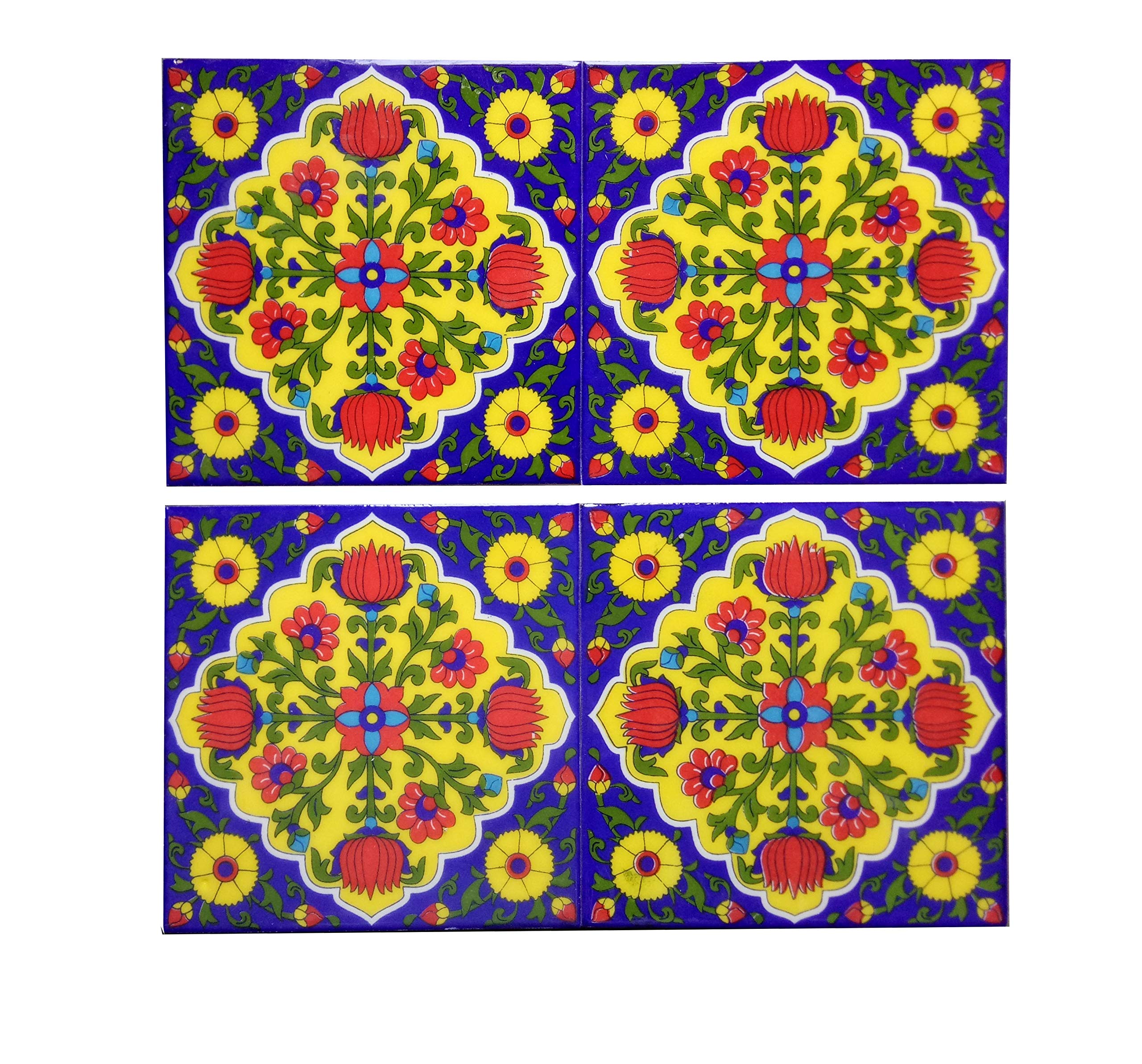 Shiv Kripa Blue Pottery Home Decor Tiles Ceramic High Lighter Wall Kitchen Bathroom Handmade Tiles 6 x 6 Inch Set of 4Tiles (Blue & Multi)-image-36