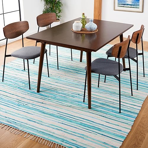 Miniatura 10 de SAFAVIEH Rag Rug Collection - Alfombra de pasillo de 2 pies 3 pulgadas x 8 pies, color marfil y azul, hecha a mano, de algodón a rayas, ideal para