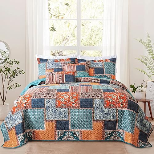 VAPUTAR Juego de ropa de cama de algodón tamaño Queen – 3 piezas, edredones bohemios tamaño Queen, colchas reversibles ligeras para dormitorio de