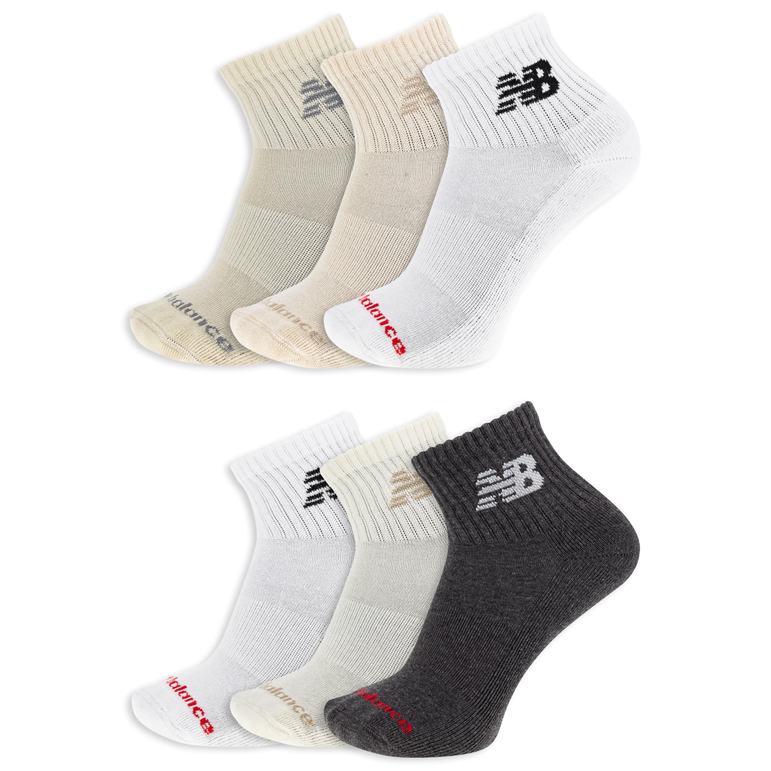 New Balance Everyday Crew Socks-6 Pairs-Cushioned Durable Reinforcement, Ankle-White Assorted, Medium