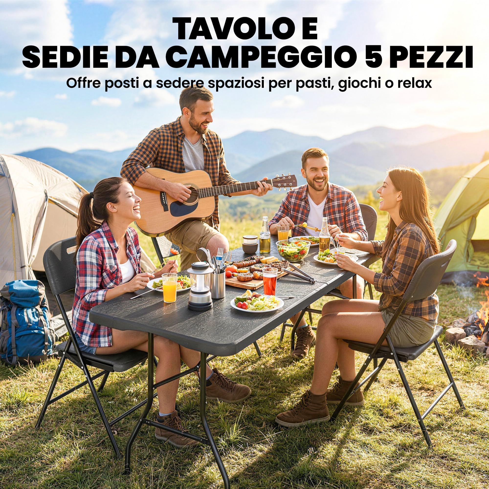 Outsunny Set Tavolo da Campeggio Pieghevole con 4 Sedie, HDPE Metall, Portatile per Picnic Esterno Giardino Nero