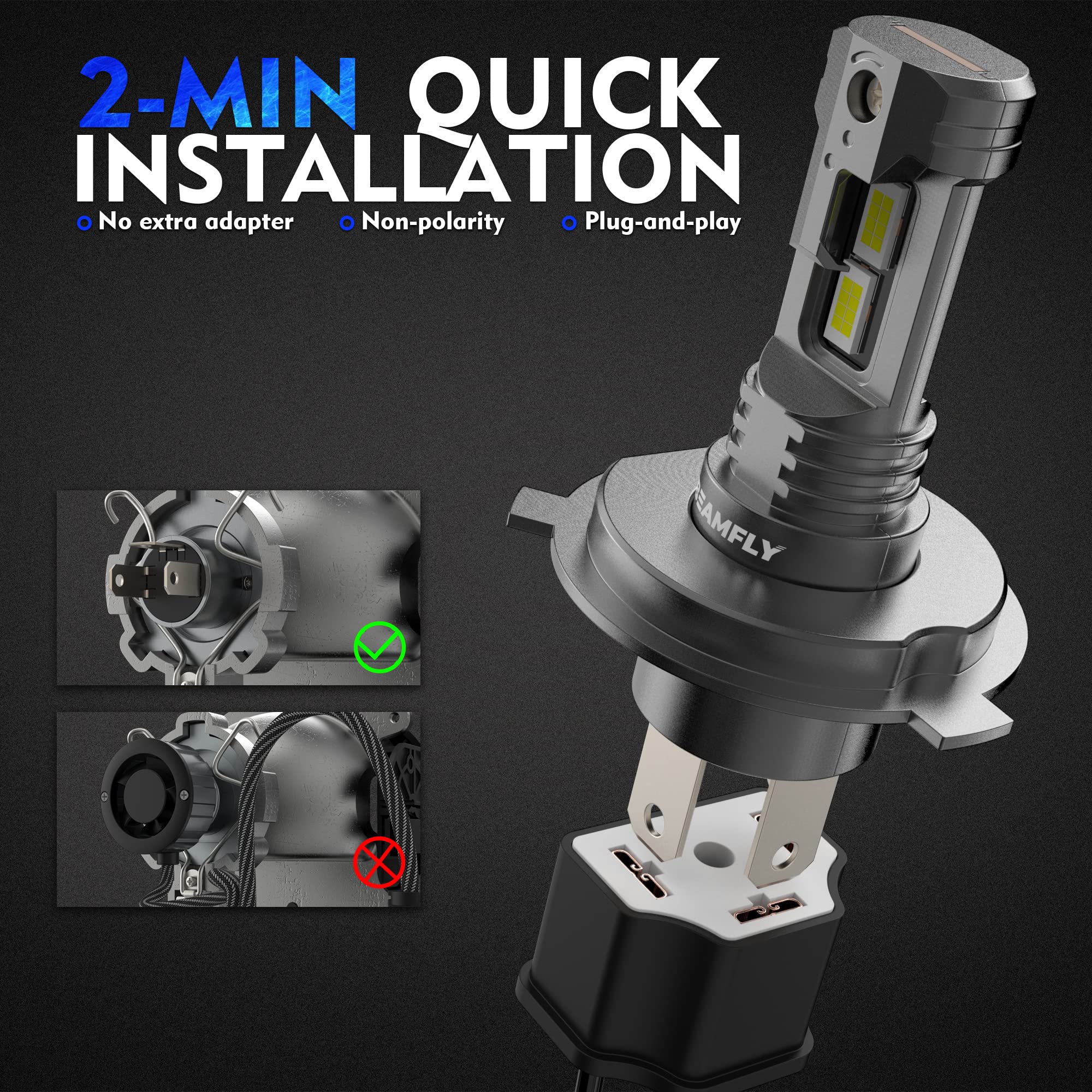 BEAMFLY Ampoules H4 LED Voiture 16000LM - Kit Conversion HB2 9003 Phares Halogène 12V 6000K Blanc Puissant