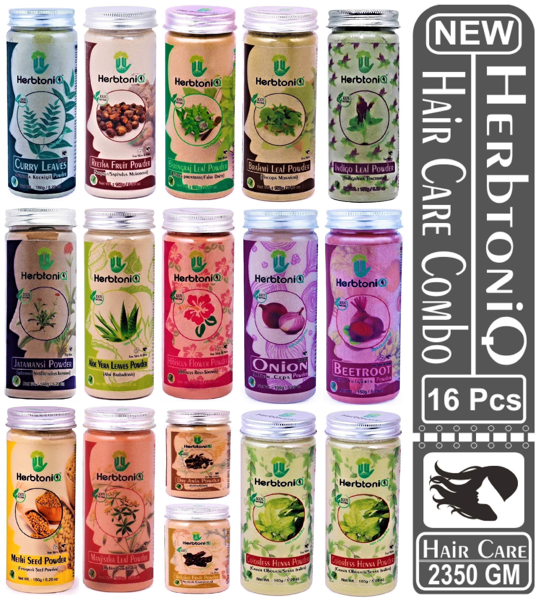 HerbtoniQ 100% Natural Curry Reetha Bhringraj Brahmi Indigo Jatamansi Aloevera Hibiscus Onion Beetroot Methi Manjistha Amla Shikakai Colorless Henna Powder For Hair Care (Set Of 16, 2350g)
