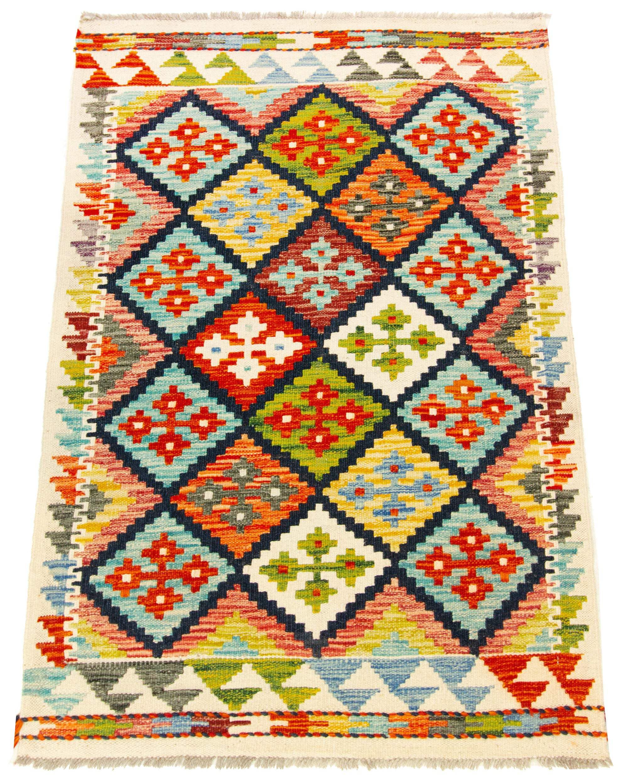 Kilim Tapis 100 % laine 126 x 80 cm, fait à la main, pièce unique de style Herat Boho multicolore, tissage plat, tapis d'entrée et chambre