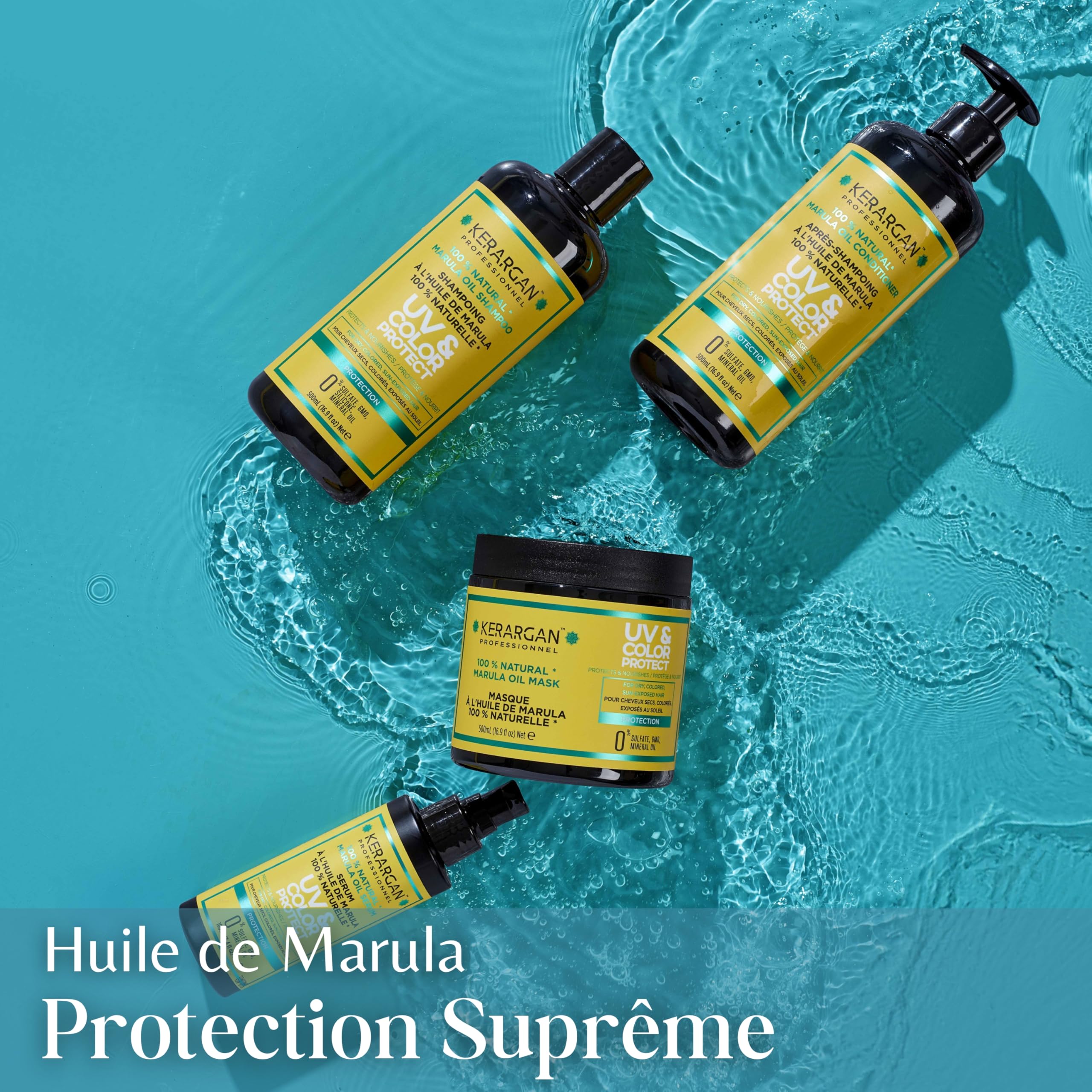 KERARGAN - Routine Marula 5 Soins Protection UV Couleur - 3x500ml+2x100ml | Shampoing, après-shampoing, masque, sérum et spray 17-en-1, routine complète de protection UV et couleur