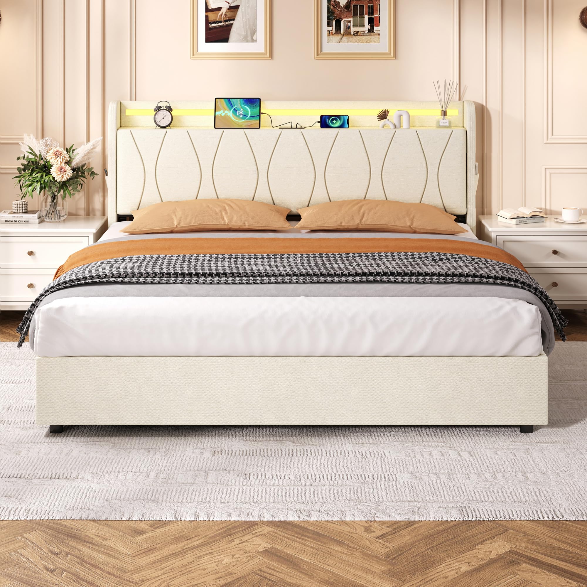 5ft King Size Bed Frame Upholstered Ottoman Bed with Hydraulic Lift & LED Concealed Storage Headboard, Linen Beige Functional Gas Lift Storage Beds with Charging Station & Sturdy Metal-Wood Support