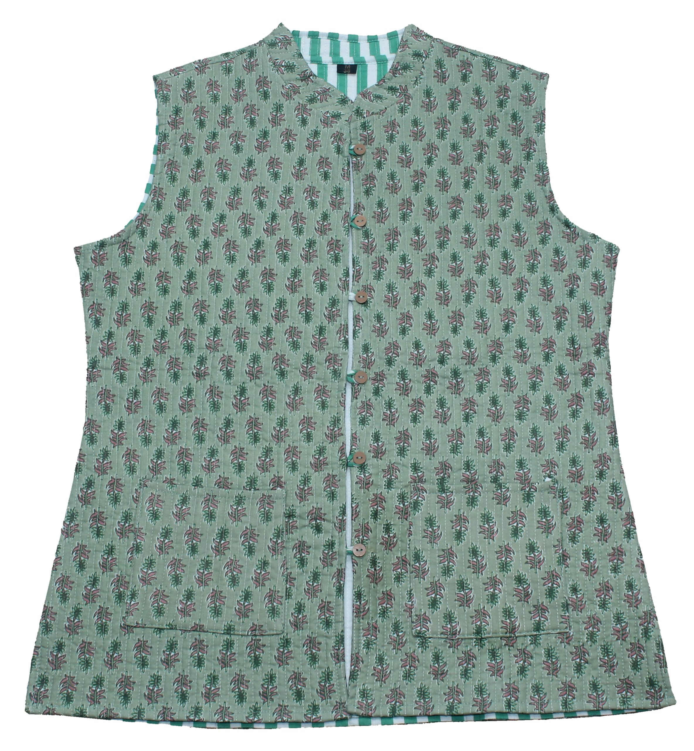 Women's Light Green Cotton Quilted Reversible Sleeveless Jacket-image-1