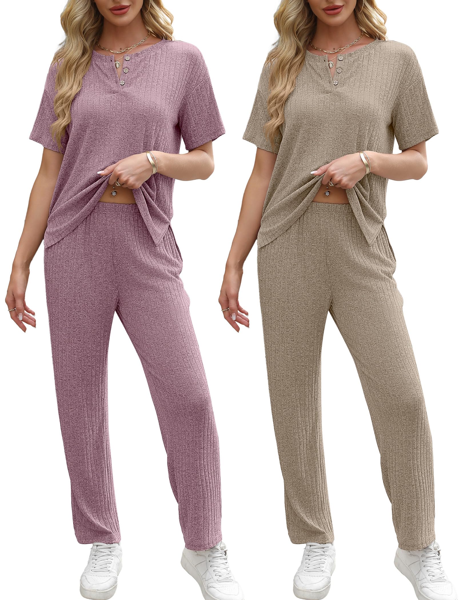 Ekouaer 2 Pack Womens Ribbed Knit Lounge Set Short Sleeve Loungewear Henly Neck Top and Pants Sleepwear Pajama with Pockets