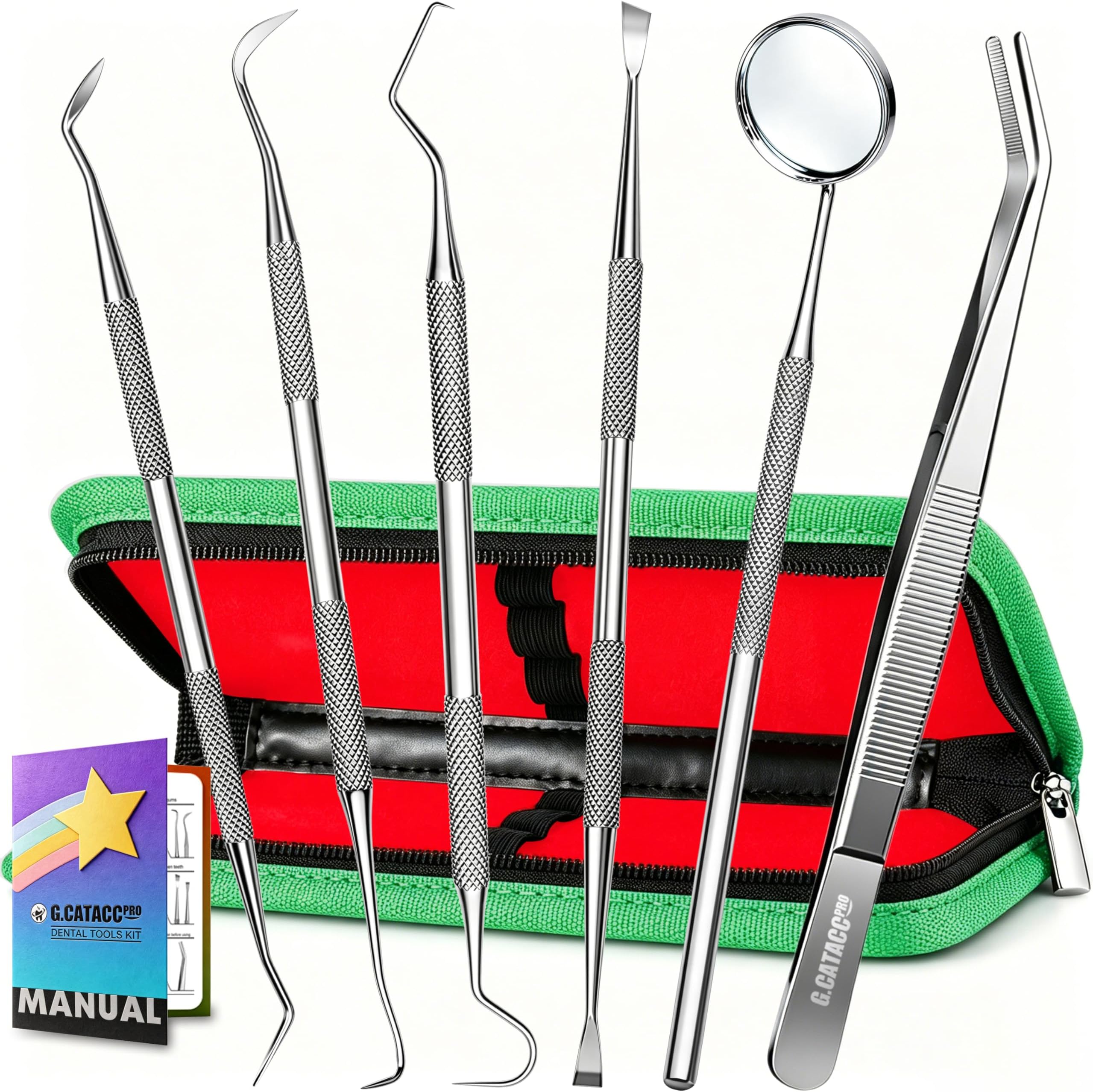 G.CATACC Dental Tools, Dental Pick Teeth Cleaning Tools Hygiene Kit, Plaque Remover for Teeth, Professional Stainless Steel Tooth Scraper Plaque Tartar Cleaner - with Case