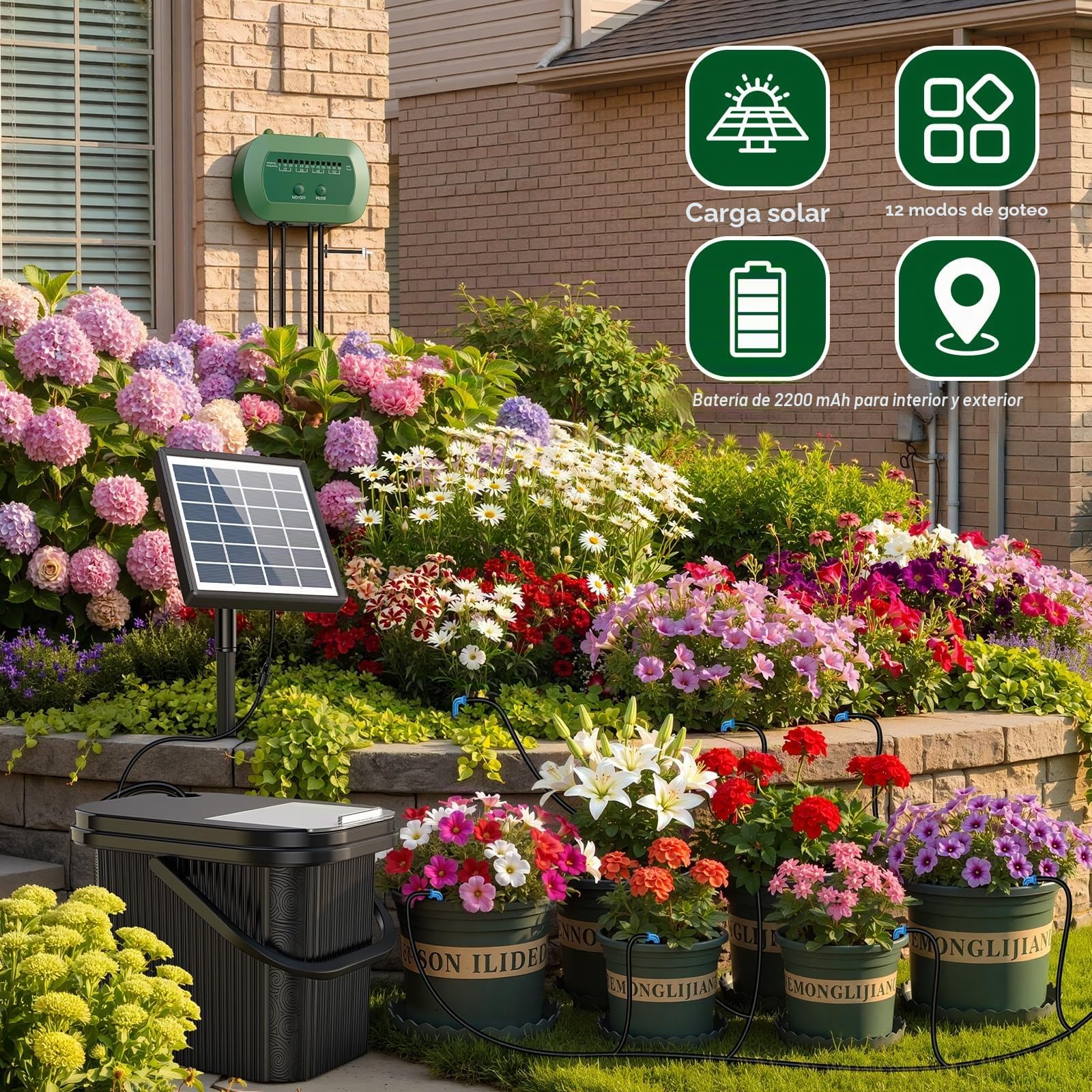 Sistema Riego Solar para Jardín Kit Riego Goteo 15 Micro Cabezales | Compatible con Cubo Riego por Goteo Automático para Vacaciones Terrazas de Balcones Invernaderos y Plantas Kit Riego Solar