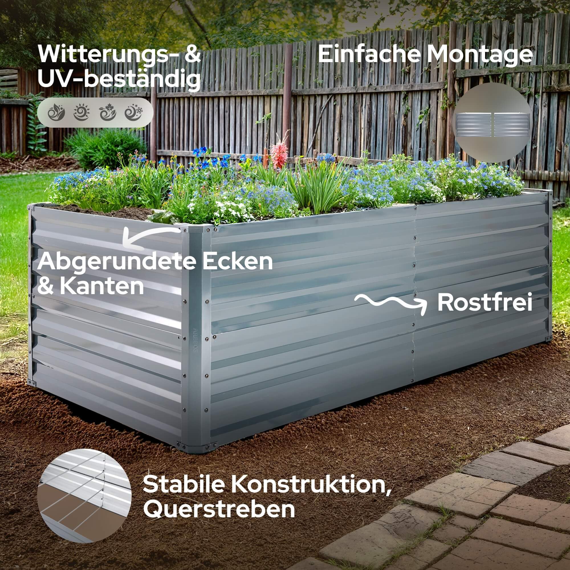 Arebos Hochbeet Metall 180x90x79 cm | Gartenbeet aus verzinktem Stahl | Pflanzbeet wetterfest & rostfrei | Rechteckiges Gemüsebeet für Garten & Terrasse | Hochbeet Bausatz ohne Boden