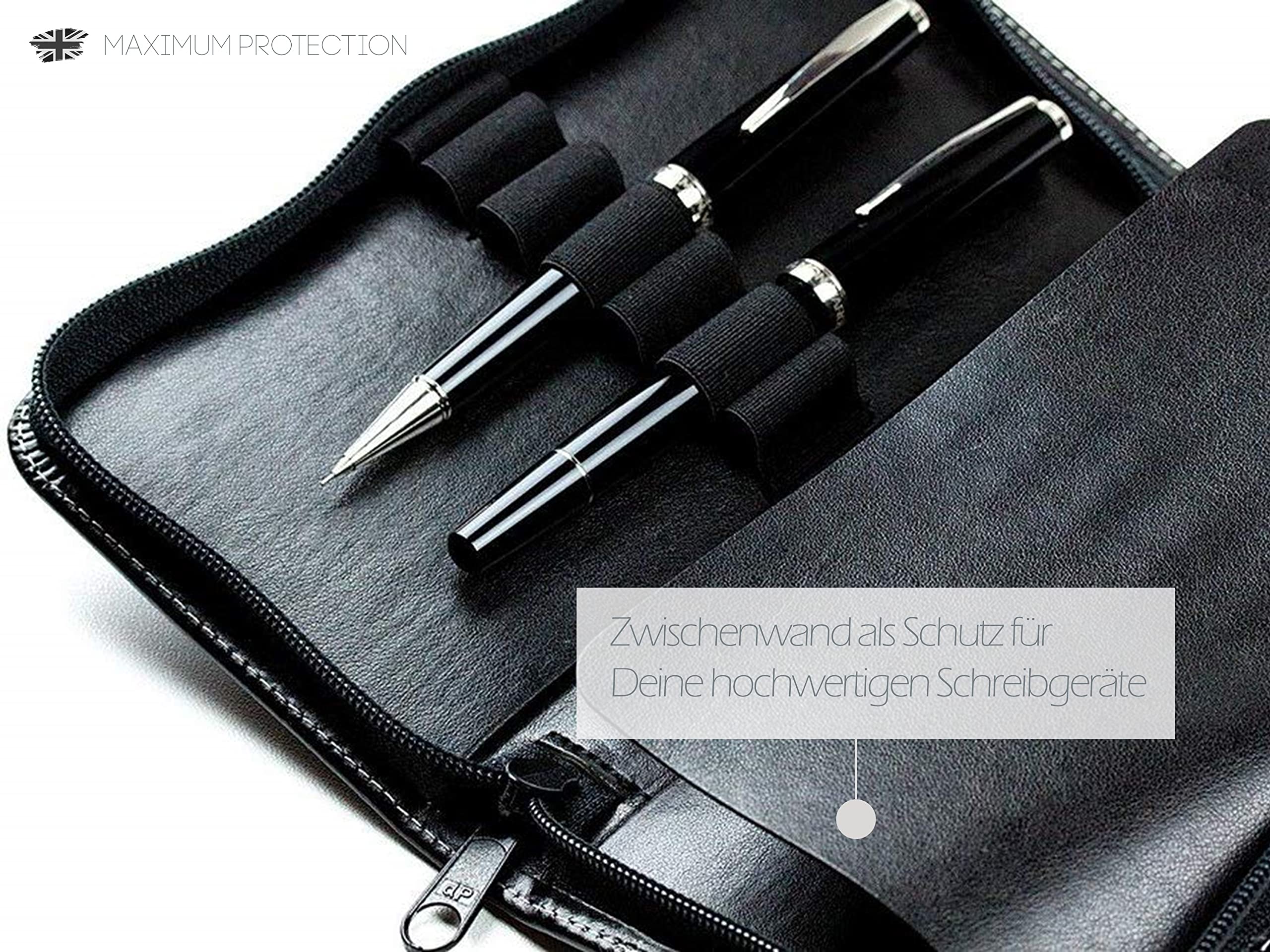 DELMON VARONE - Personalisierbares Federmäppchen Cambridge Top Grain Leder schwarz, Damen & Herren Echtleder Schreibgeräteetui, Federtasche mit Reißverschluss für 13 Schreibgeräte inkl. Schutzwand