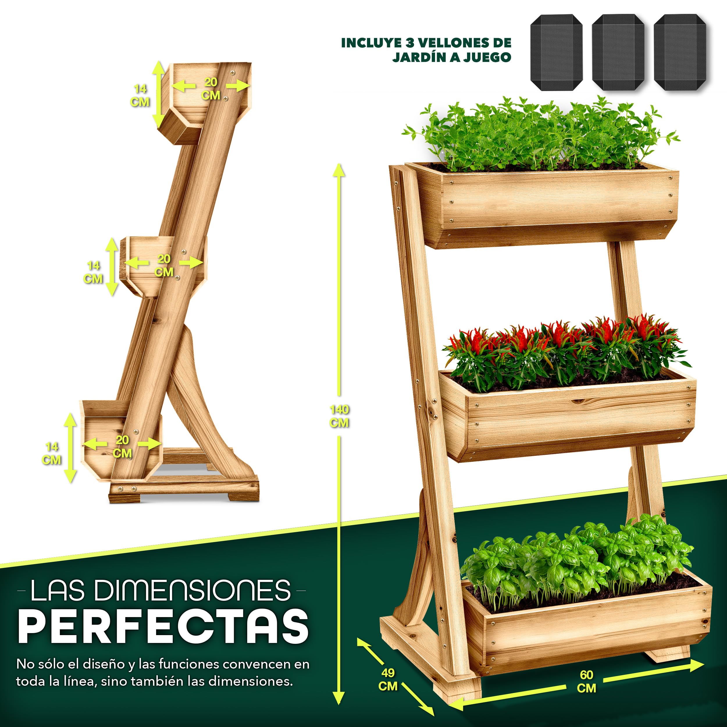 tillvex® Jardinera de madera con 4 niveles, jardinera premium fieltro para jardín, escalera para plantas, terraza, balcón y jardín, arriate Elevado de verduras, bancal de hierbas, semillero de flores