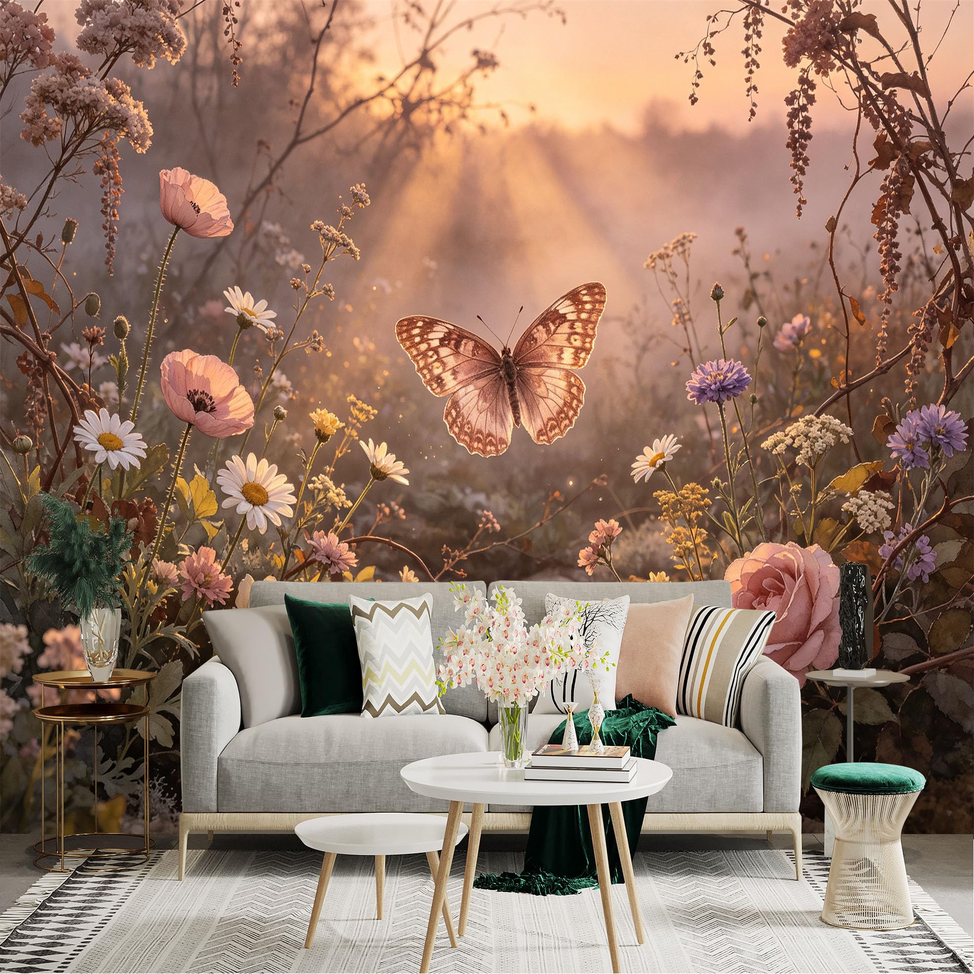Lnzczhyre Bh260719162 Custom Size Wall Sticker Mural， Flying Butterfly In Morning Sunlight， Wildflower Meadow， Soft Pastel Floral Scenery， For Wall Decoration， Peelandstick Wall Decals.