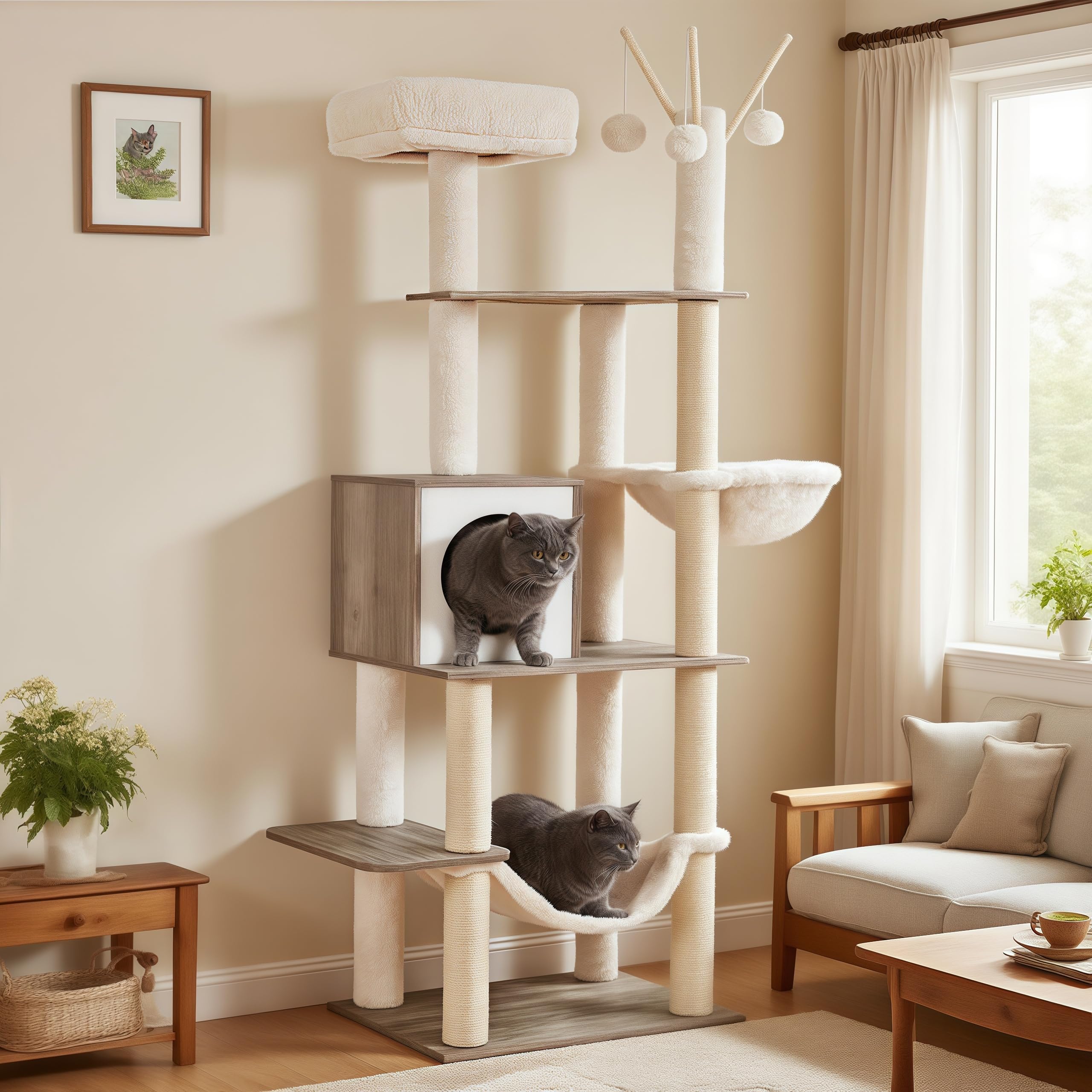 Hey-brother Wooden Cat Tree Tower with Hammock for Indoor Cats, MPJ120SG | 66.14 Inches Modern Scratching Post with Large Condo, Plush Top Platform, Cozy Basket, Bed, Hanging Toys, Rustic Gray