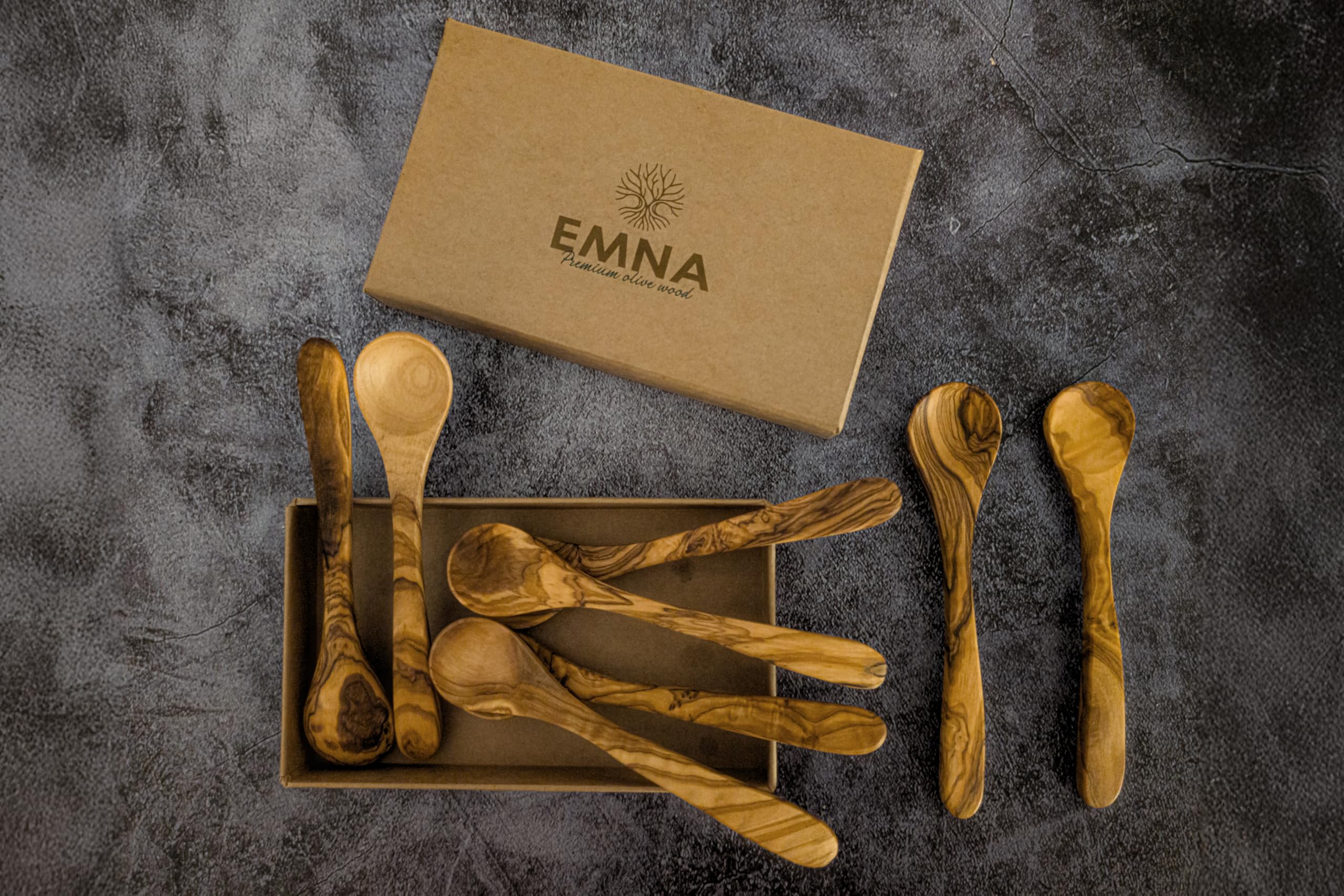 EMNA - Drewno oliwkowe 8 x łyżka 14 cm, łyżka do przypraw, łyżka deserowa, łyżeczka do kawy, łyżeczka do herbaty, naturalna, antybakteryjna, wszechstronna, pomysł na prezent do kuchni, smakoszy, w