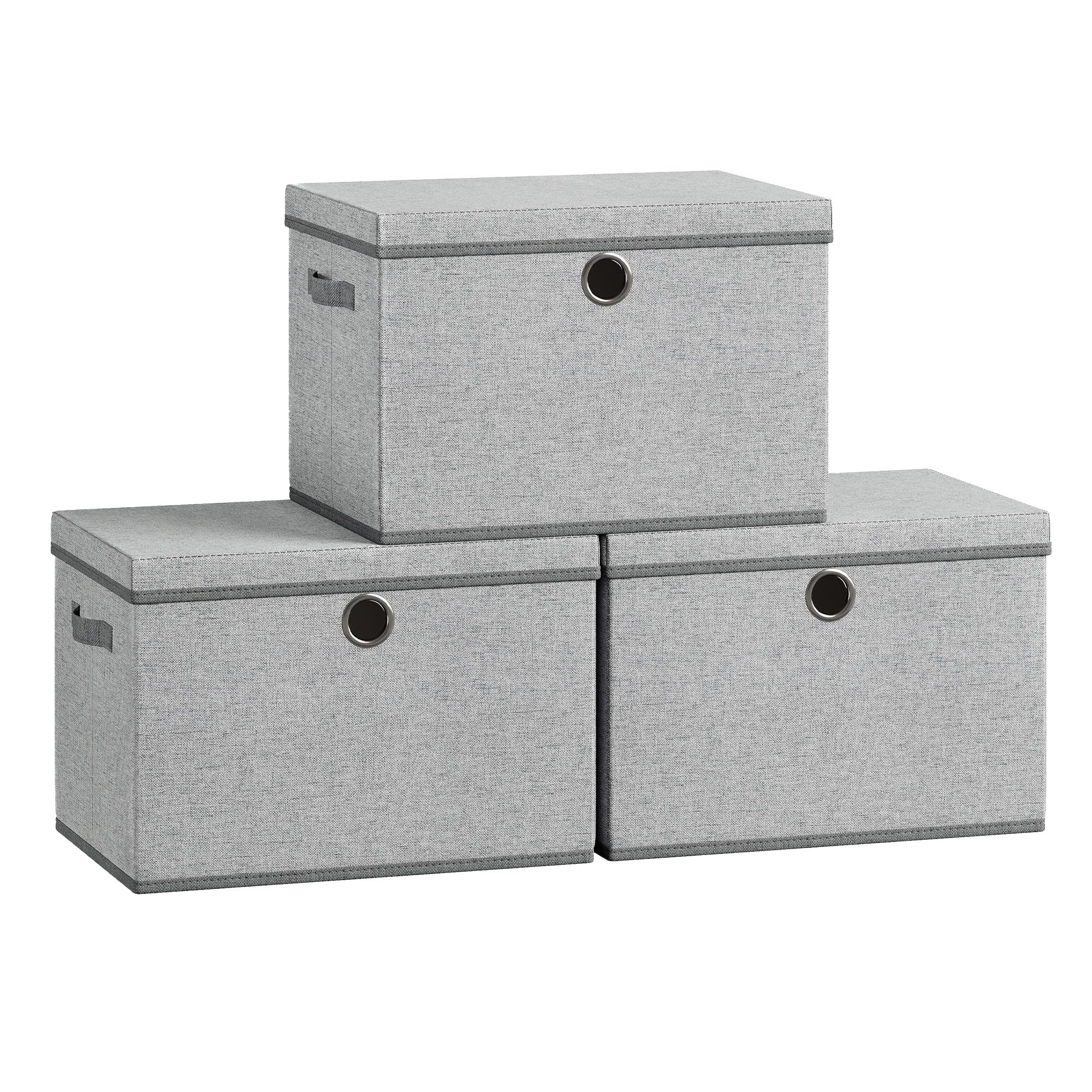 SONGMICS Storage Bins with Lids, 3 Pack Stackable Fabric Storage Boxes, Odorless PP Sheets, Foldable Cube Baskets Organizers with Handles, 16.9 x 11.8 x 11.8 Inches, Dove Gray URFB545GD01