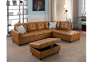 A-Ainehome L-Shape Corner Sectional Brown Leather Modular Sofa with Storage Ottoman and Pillows