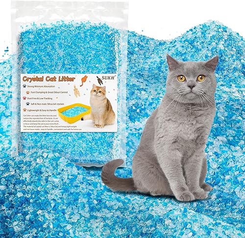 Sukh Arena de cristal para gatos de 46.56 onzas  Cristales de arena para gatos, azul y blanco, transparente, sin polvo, bajo seguimiento, control de disponible en Yaxa Colombia