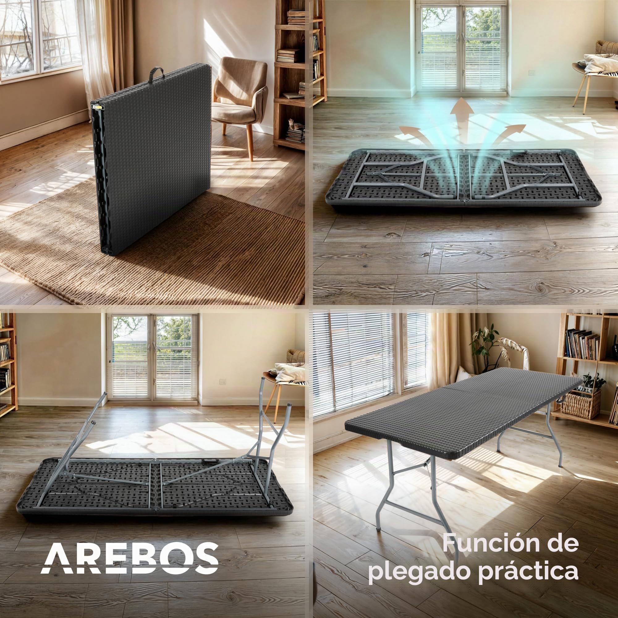 Arebos Tabla Plegable Portátil | Mesa Jardín Exterior 182×74×74 cm | Tabla Camping | MAX 8 Personas | Negro