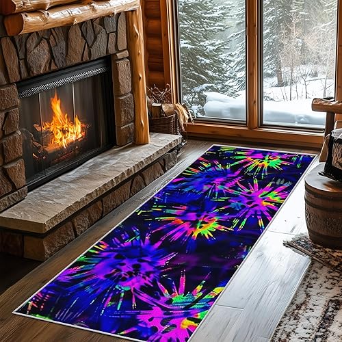 Tie-Dye Runner Rug 3x12 - Hallway Runner Rug Neon Retro Abstract Art Pattern, Non Slip, Washable, Tie-Dye Home Decor Carpet for Kitchen, Entryway,
