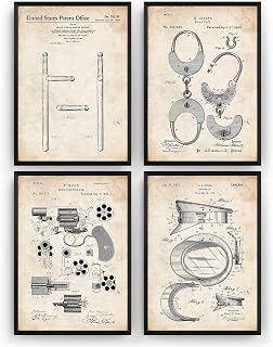Magic Posters Police Patent Prints - Set Of 4 - Art Gift For Policeman Policewoman Merchandise Poster Vintage Old Original Blueprint Rifle Officer Gun Wall Decor - Frame Not Included