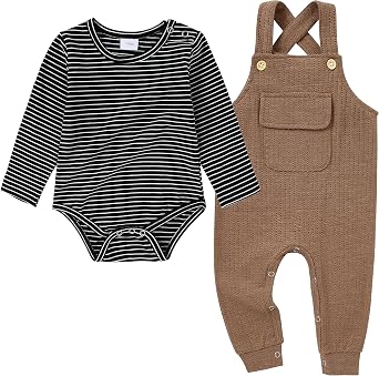 CARETOO Newborn Baby Boy Clothes Infant Boy Romper Fall Winter Outfits Bodysuit 2Pcs Striped Long Sleeve Top Overalls 0-18M