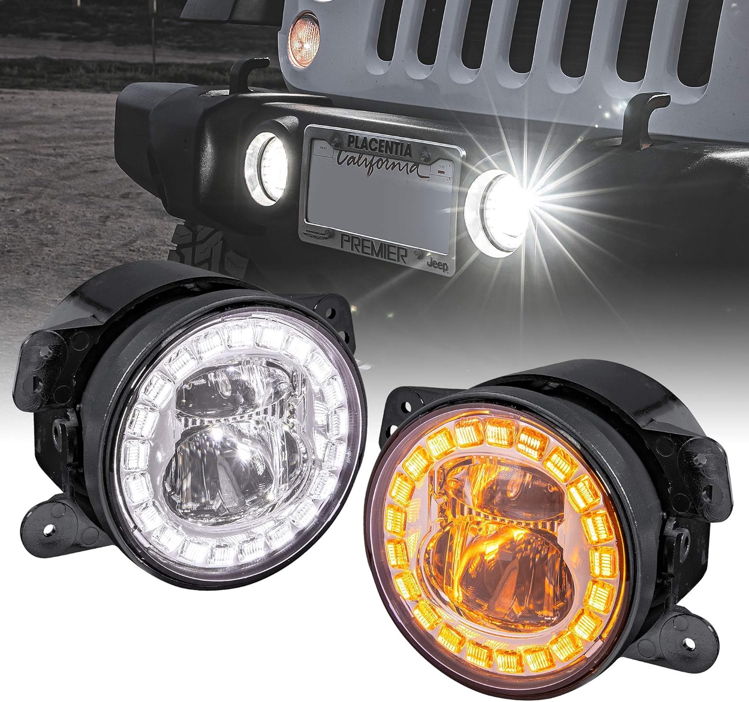 TRUE MODS 4" LED Fog Lights Replacement For 2007-2018 Jeep Wrangler JK Unlimited JKU Sport S Rubicon Sahara Front Bumper Driving Light [Crystal HALO DRL] [Amber Turn Signals] [Fish-Eye Optic] - Chrome