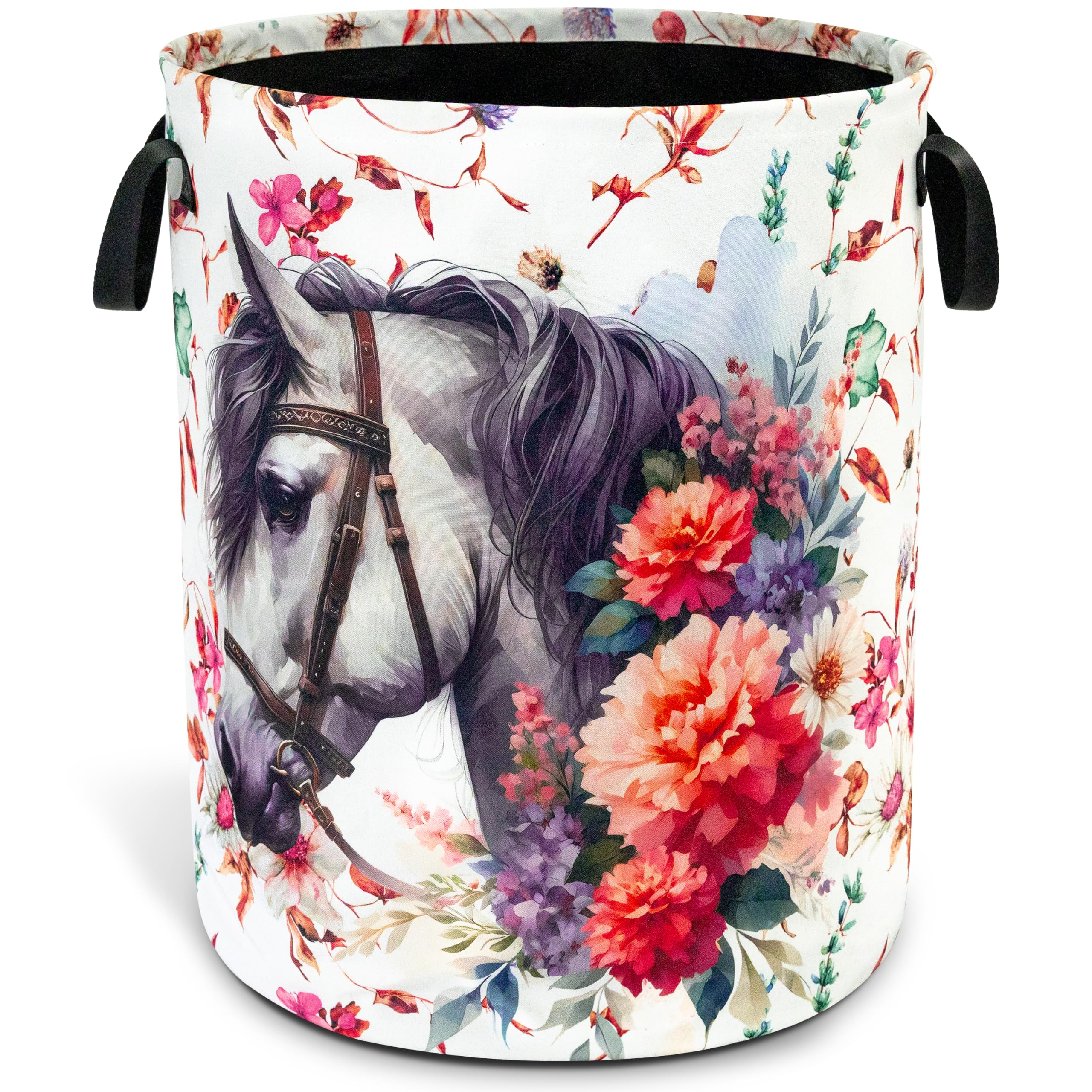 Horse Flowers Laundry Basket Foldable Oxford Cloth Hamper 18.9 x 16.5 Inch