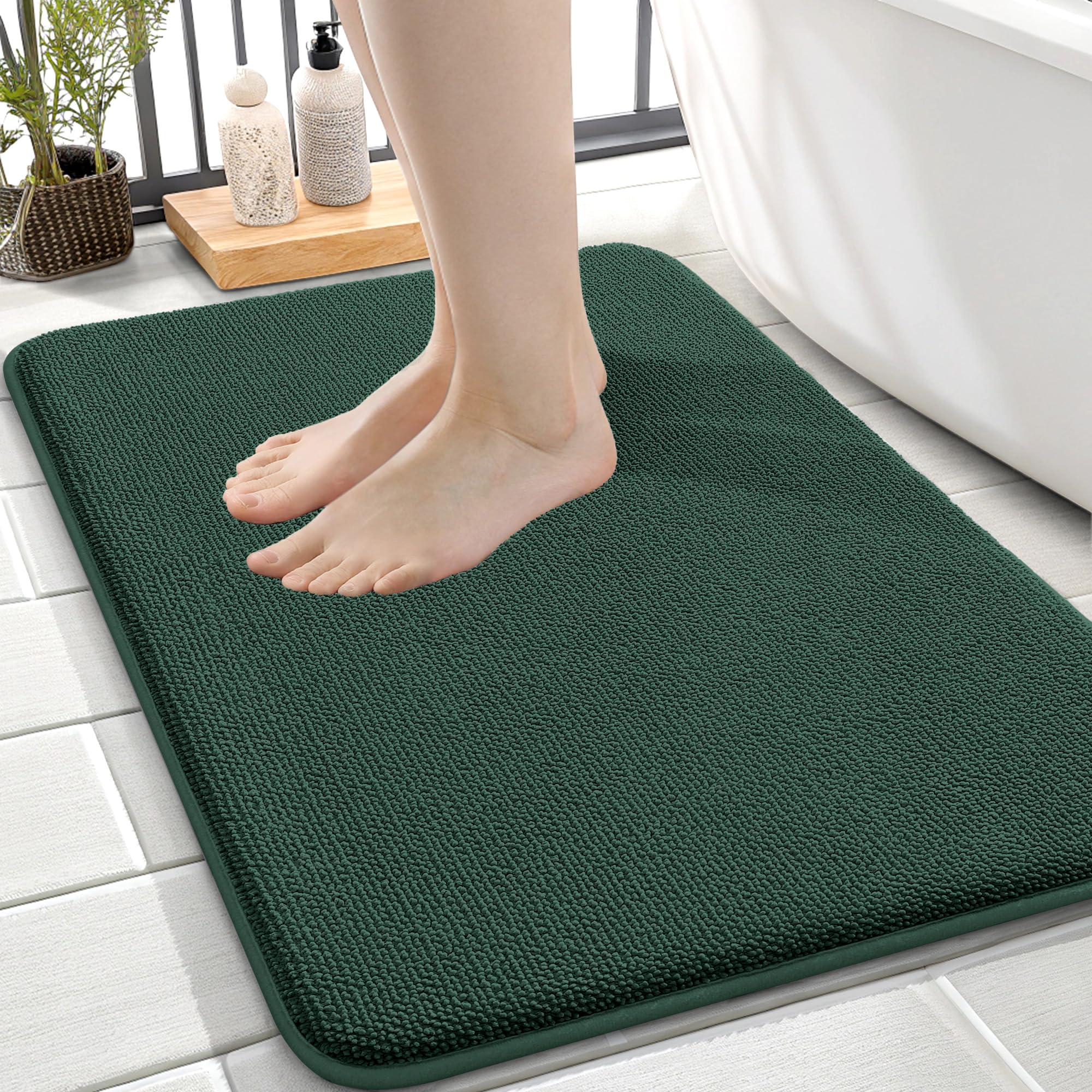 OLANLY Memory Foam Small Bathroom Rugs 24x16, Absorbent Mat, Blackish Green