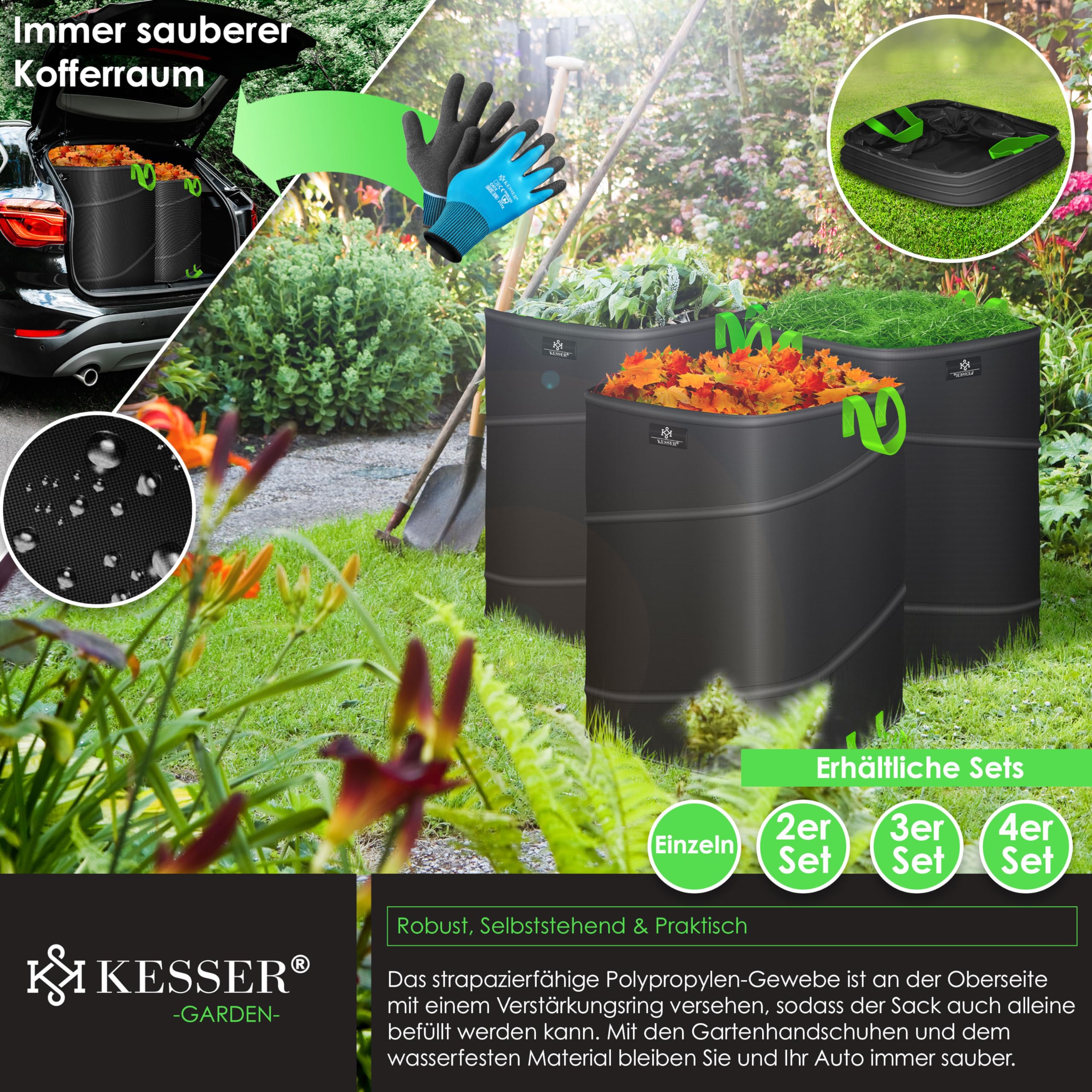 KESSER® Set di Sacchi da Giardino Pop-up - 4x 73 Litri, Sacco per Rifiuti da Giardino con Guanti, Autoportante con Maniglie, Robusto, Robusto e Richiudibile, Nero/Verde Chiaro