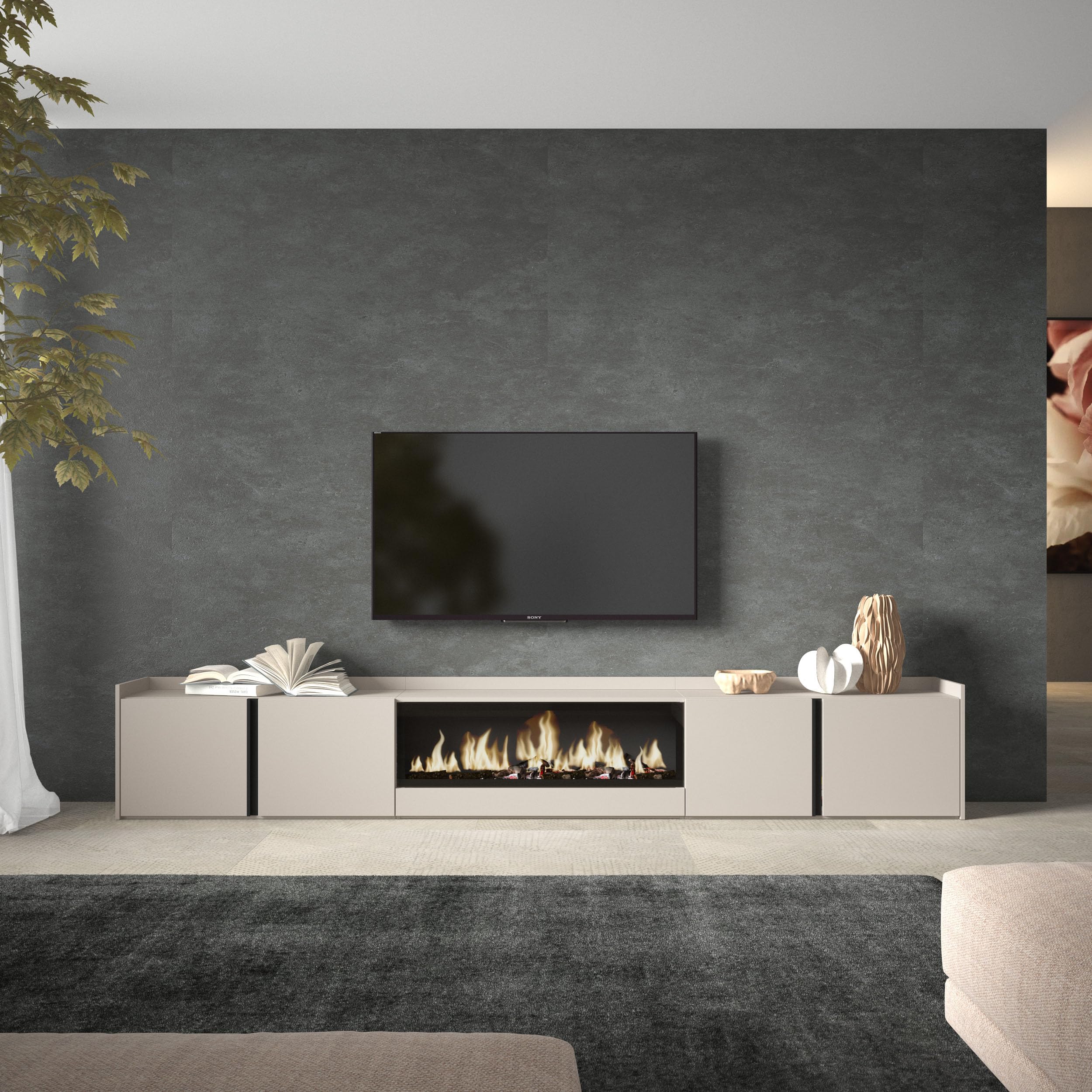 Skraut Home | Meuble TV | Banc Télé | Grand Espace de Rangement | 315x50x35 cm | pour écrans jusqu'à 80" | Cheminée électrique XXL | Style Moderne | Beige