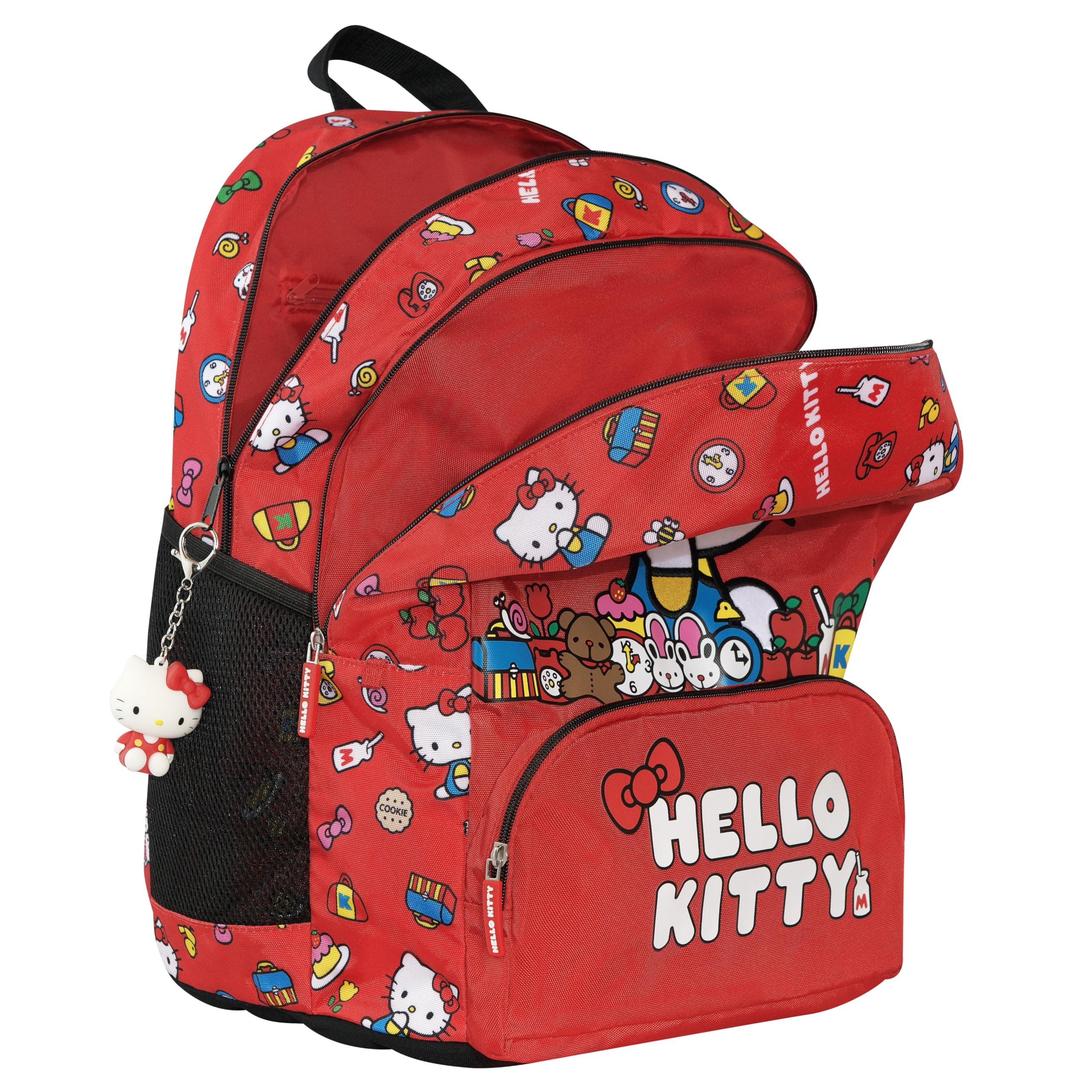HELLO KITTY - Zaino Scuola Ufficiale Hello Kitty, 2 Ampi Spazi Centrali, Tasche Frontali e Laterali, Charm Staccabile, Spallacci Regolabili e Imbottiti, Schienale Termoformati, 32 x 43H x 23 cm, 31 L