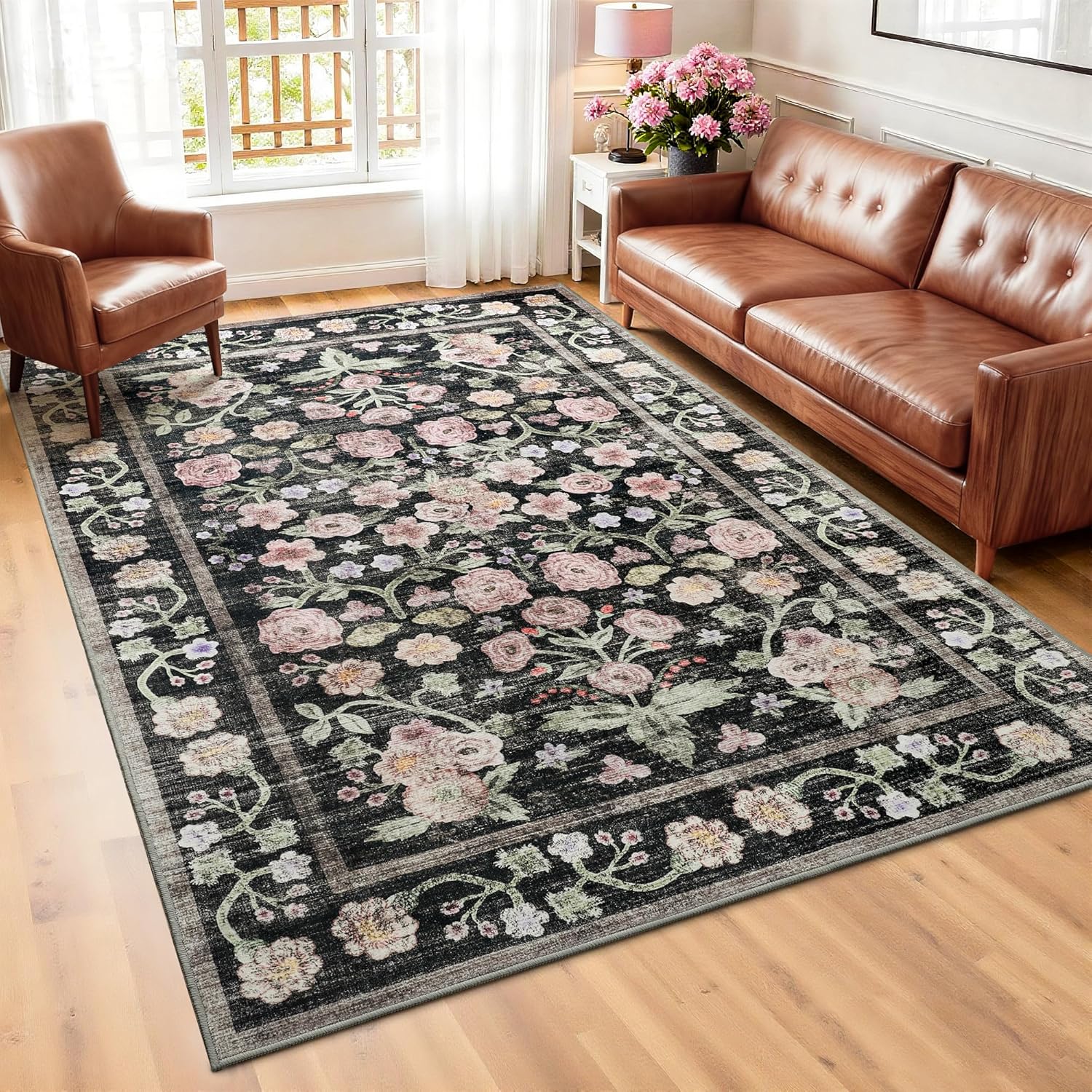Maxsoft Large Area Rugs for Living Room Bedroom, 5x7 Washable Floral Area Rugs, Non-Slip and Stain Resistant Soft Throw Indoor Carpet for Dining Room Office Kitchen Dorm Home Decor, Black