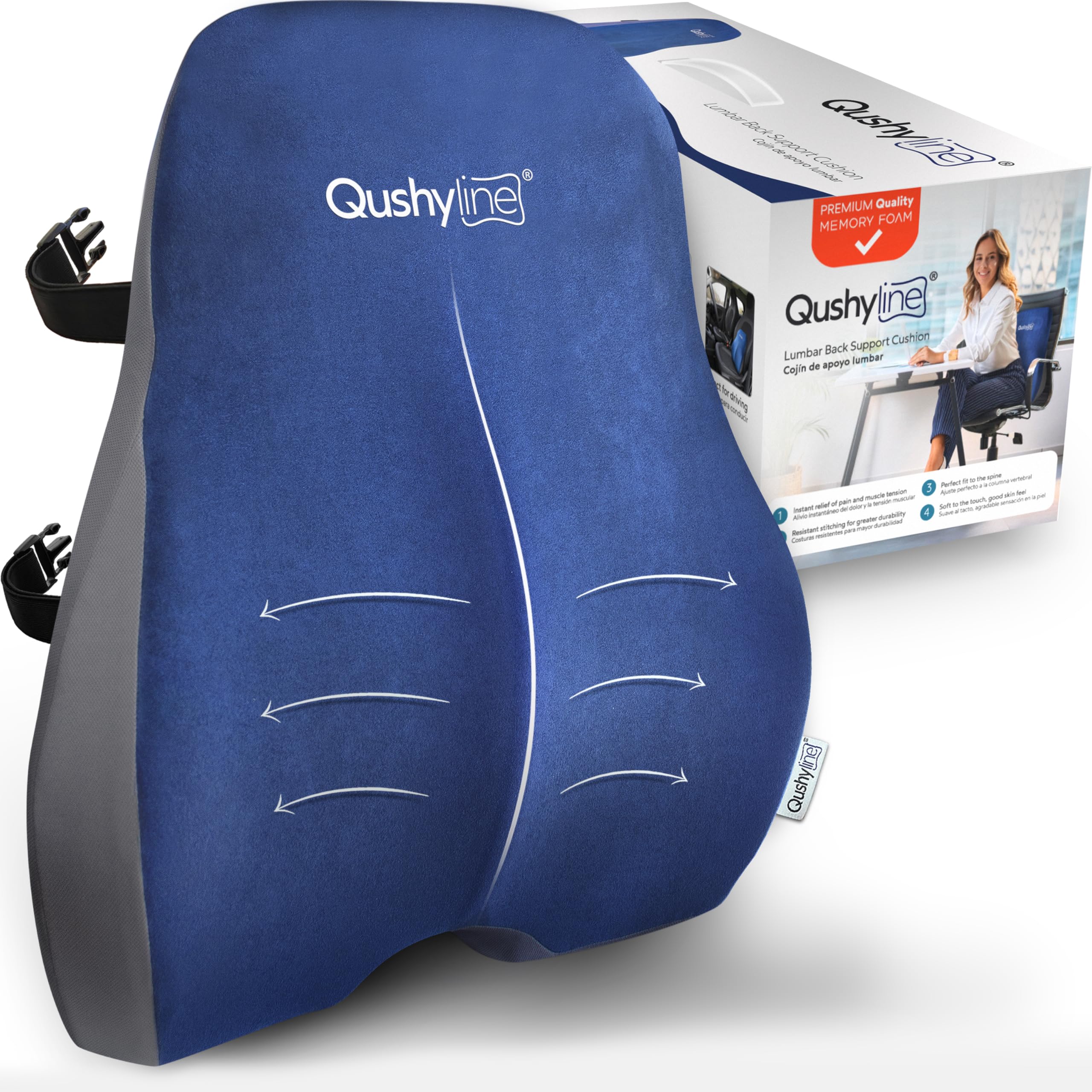 QushyLine Cojín Lumbar Silla Oficina Viscoelástico – Comodidad y Alivio del Dolor de Espalda, Cojín Asiento Coche, Respaldo sofá o Silla de Ruedas. Ajustable a Cualquier Asiento.